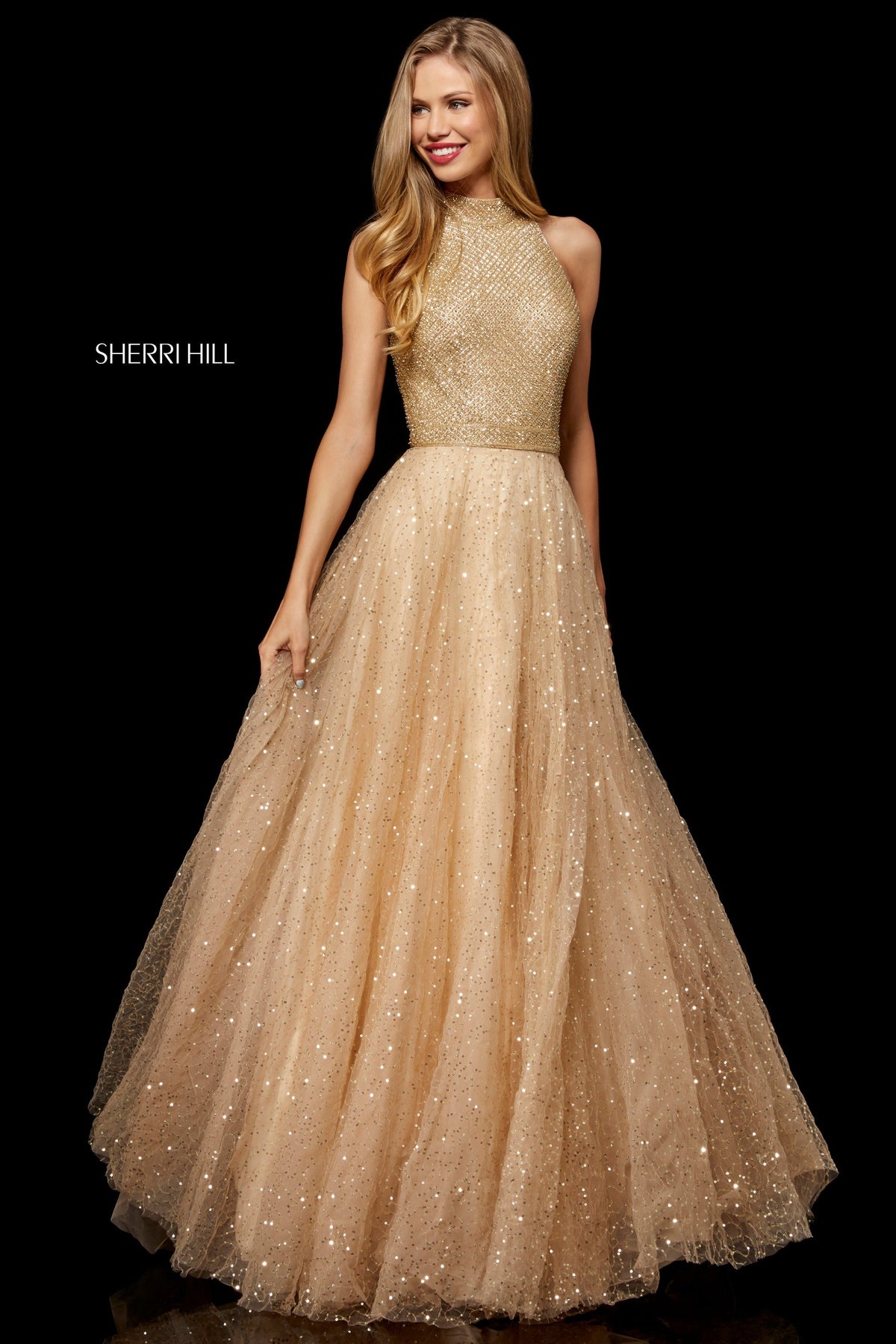 Sherri Hill 52266 neck bodice with sequin tulle ball gown in nude/silver