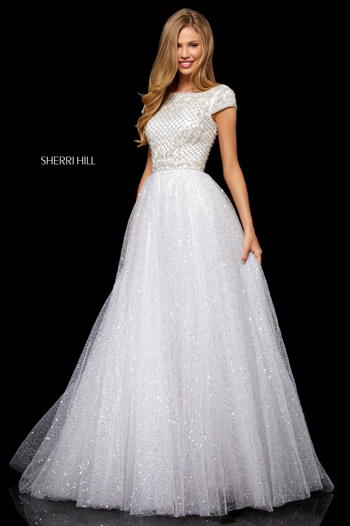 Sherri Hill 52276 sequin tulle ball gown in ivory/silver