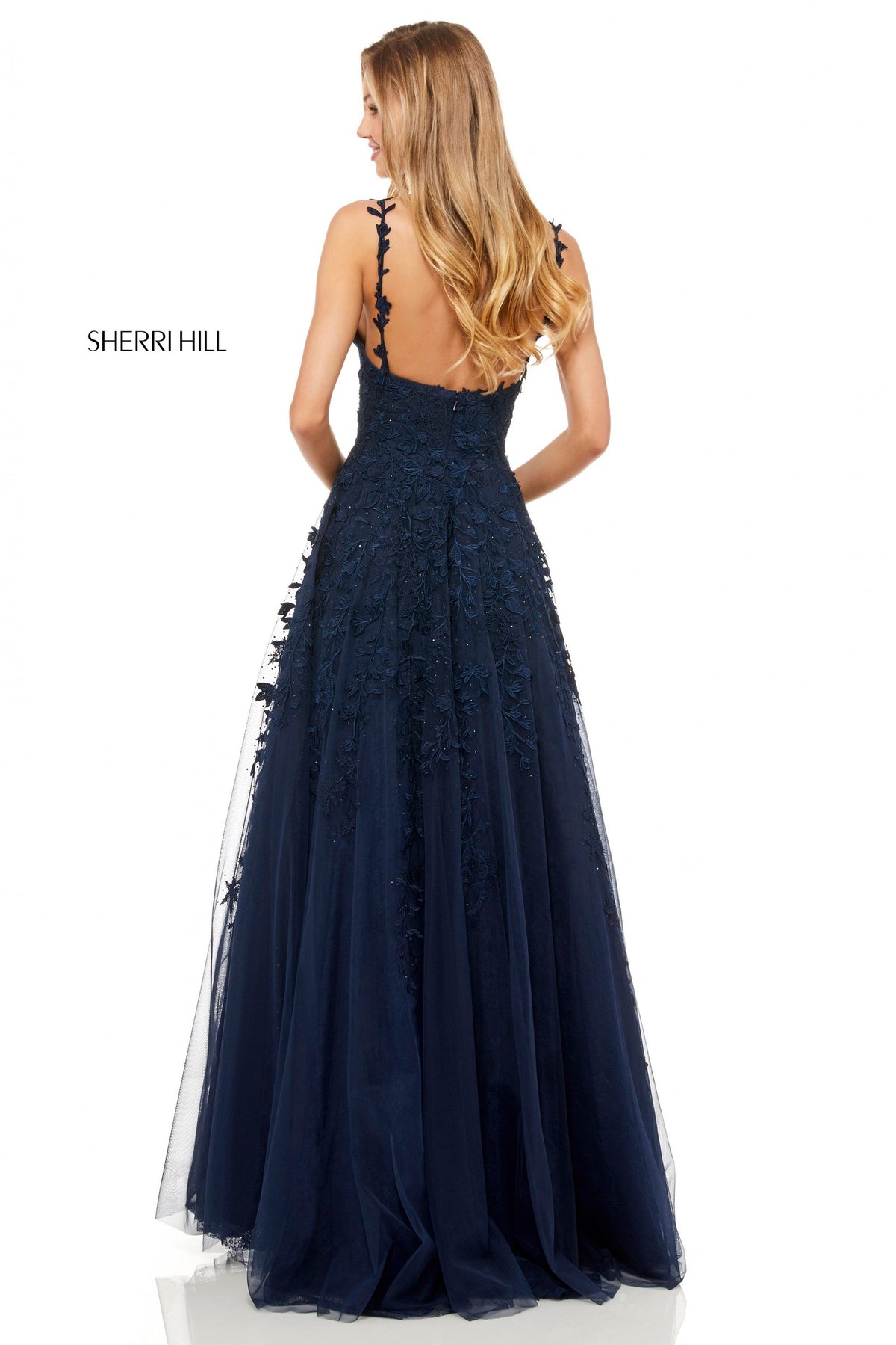 Sherri Hill 52342 leaf lace appliqued A-line gown