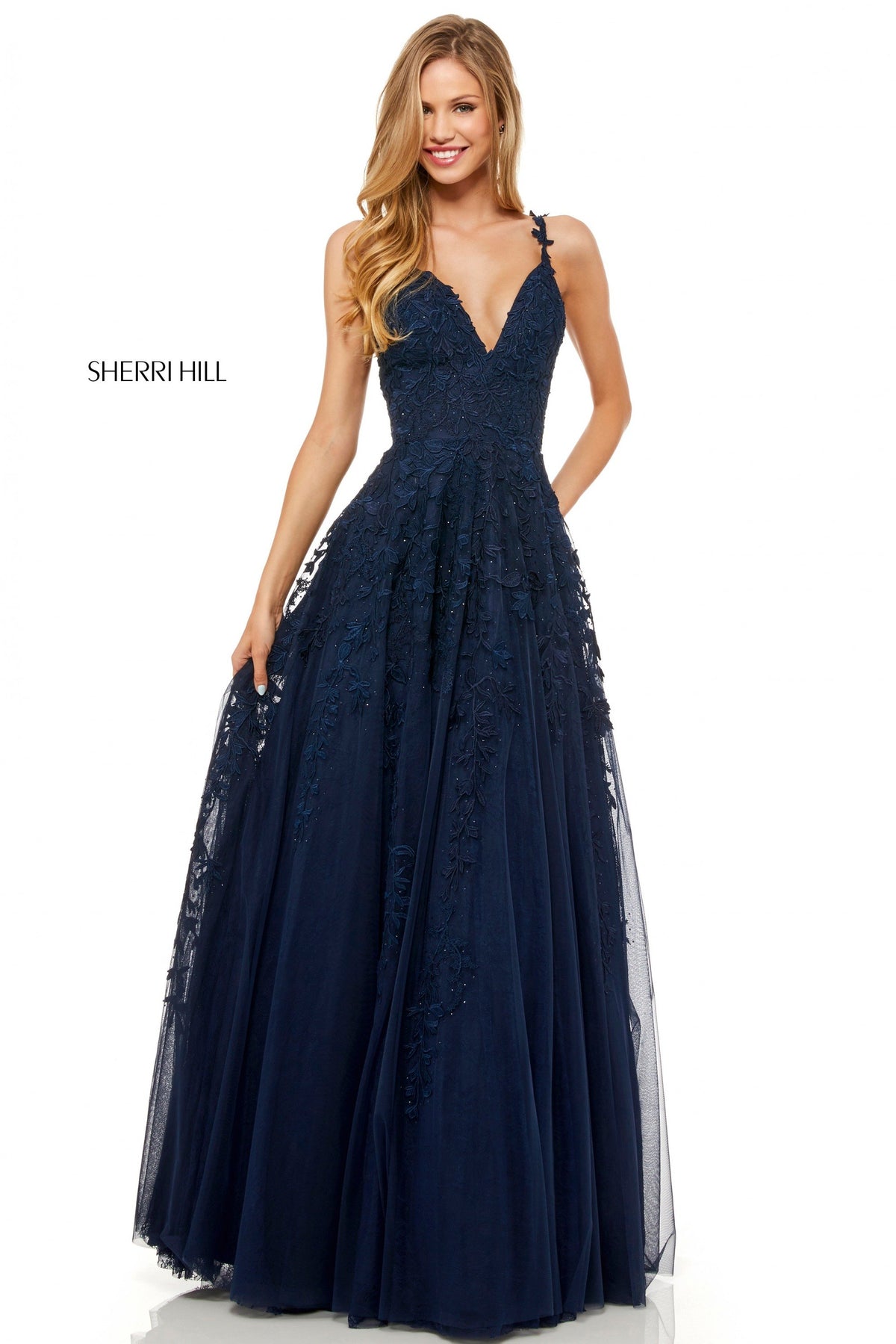 Sherri Hill 52342 leaf lace appliqued A-line gown in navy