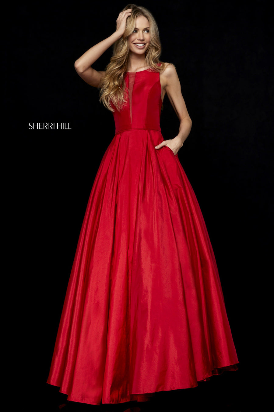 Sherri Hill style 52121 in red, High Neck Taffeta A-Line Gown