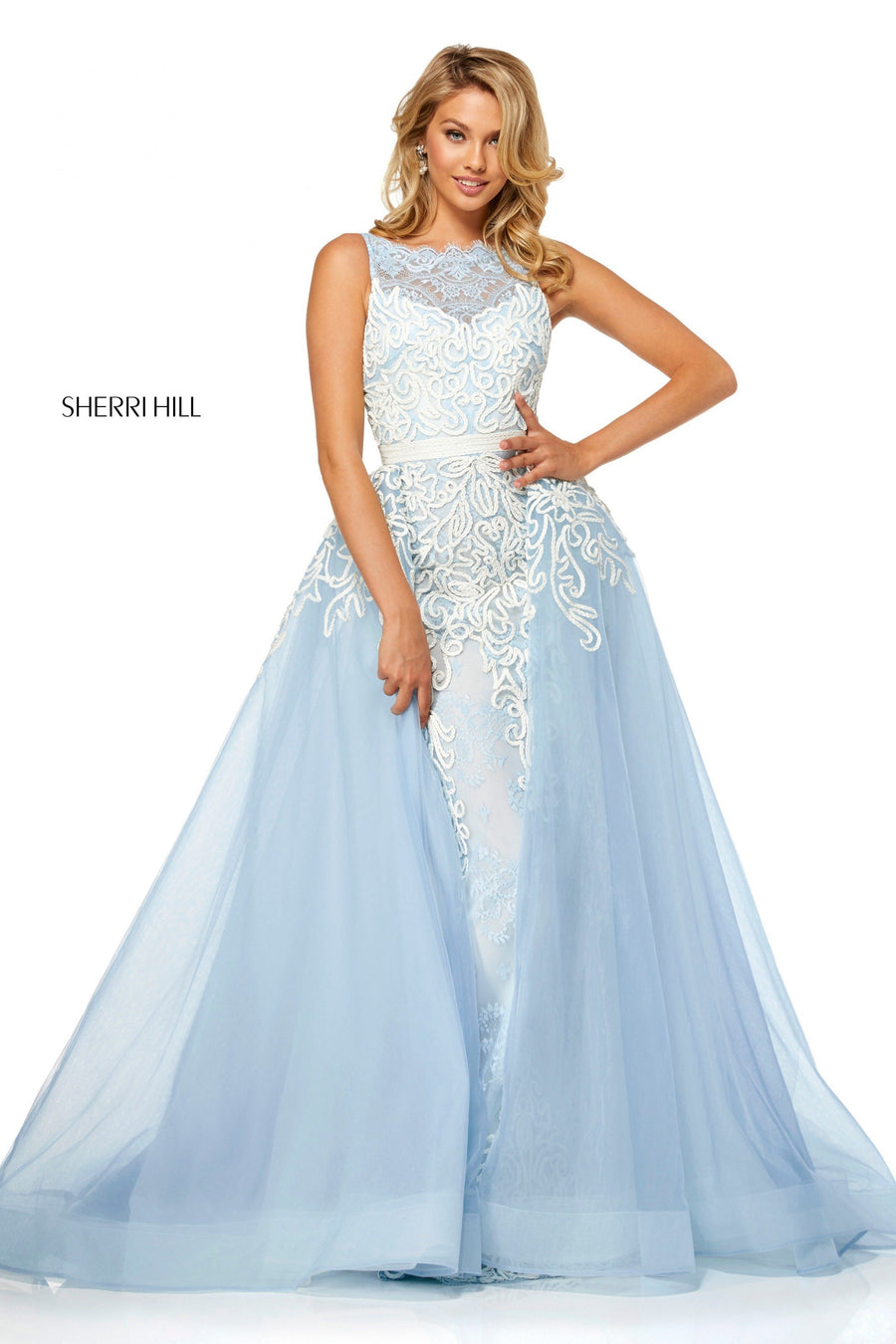 Sherri Hill style 50768 in ivory, Fitted Lace Gown with Tulle Over Skirt