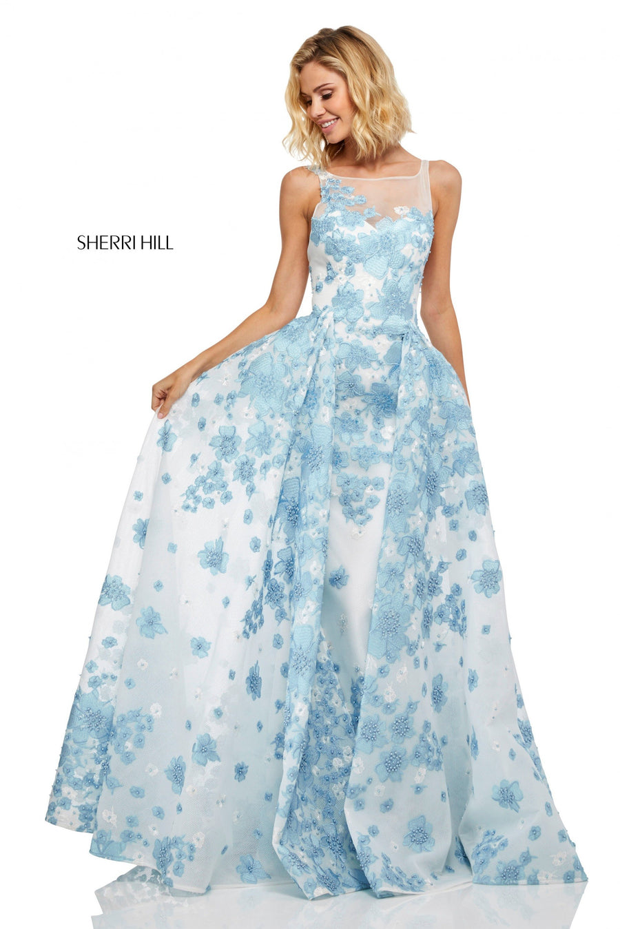 Sherri Hill style 50837 in nude/lt blue, Fitted A-Line Gown with Over Skirt