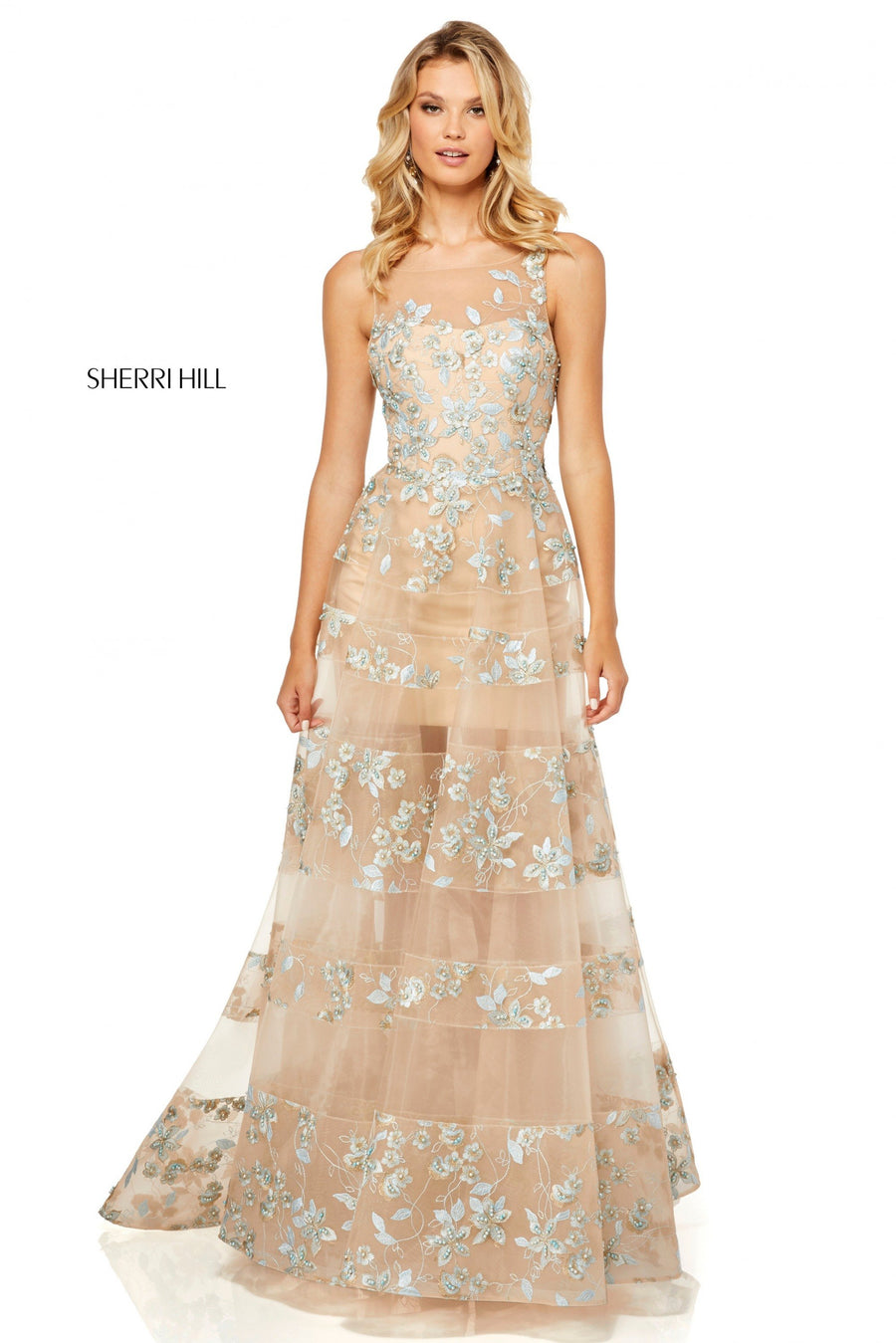 Sherri Hill style 52352 in nude/lt blue, Flower Appliqued A-Line Gown