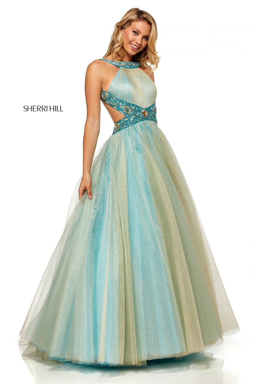Sherri Hill style 52403 in light blue/gold, Metallic Tulle Ball Gown