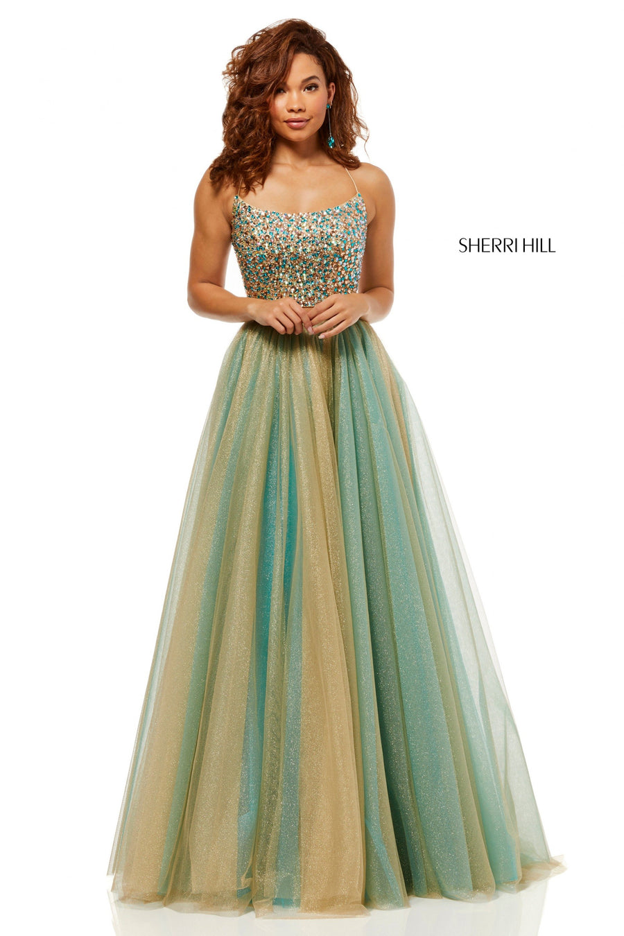 Sherri Hill style 52404 in gold/turq, Metallic Tulle Two-Piece Ball Gown