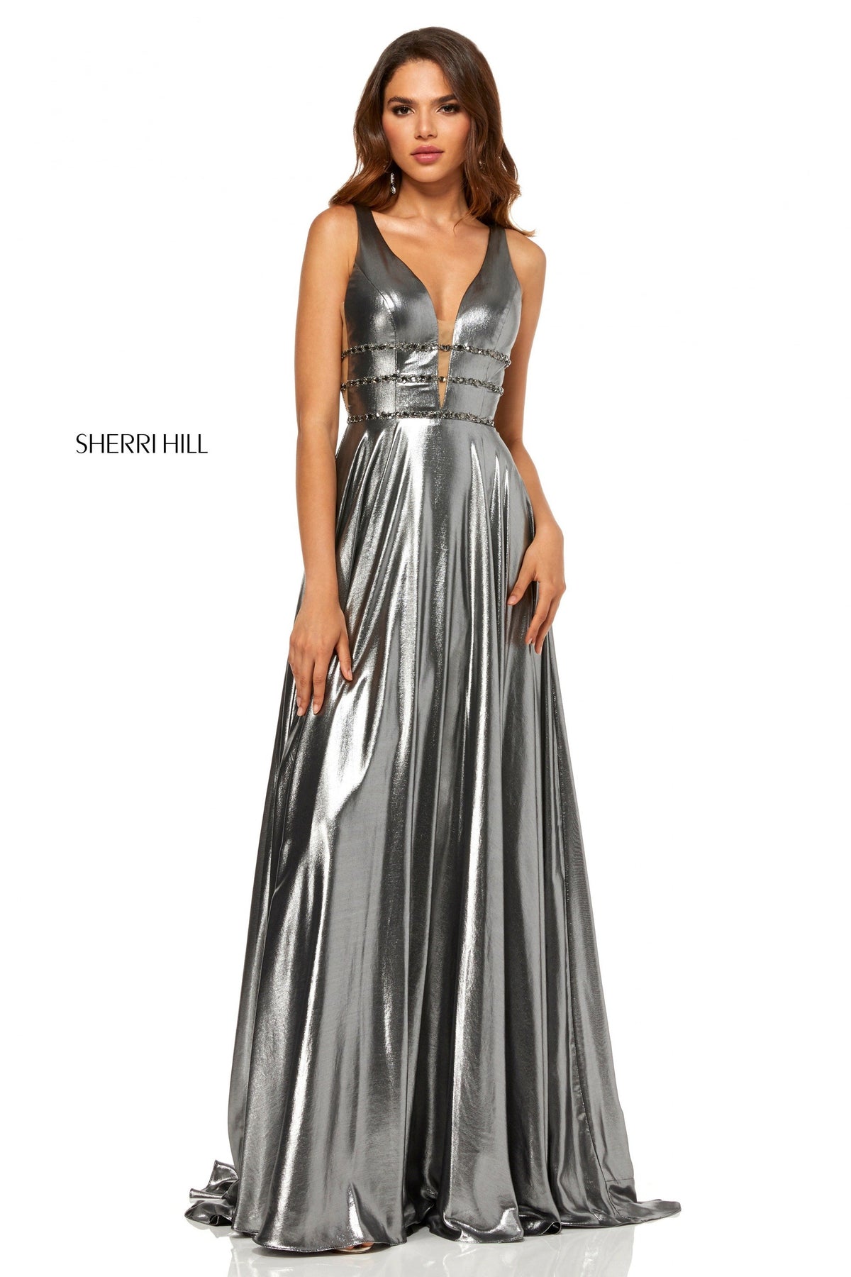 Sherri Hill 52421 metallic grecian style gown in silver