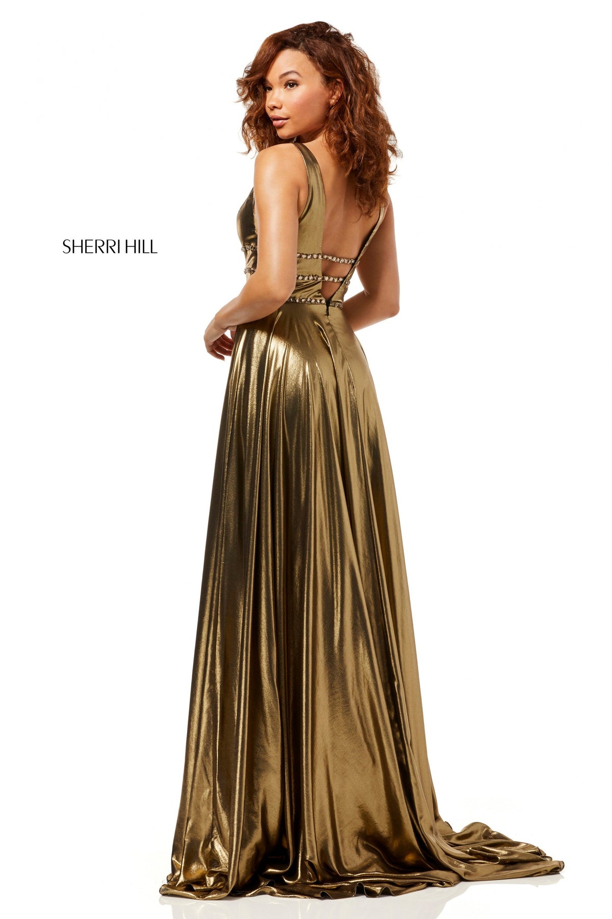 Sherri Hill 52421 metallic grecian style gown in gold