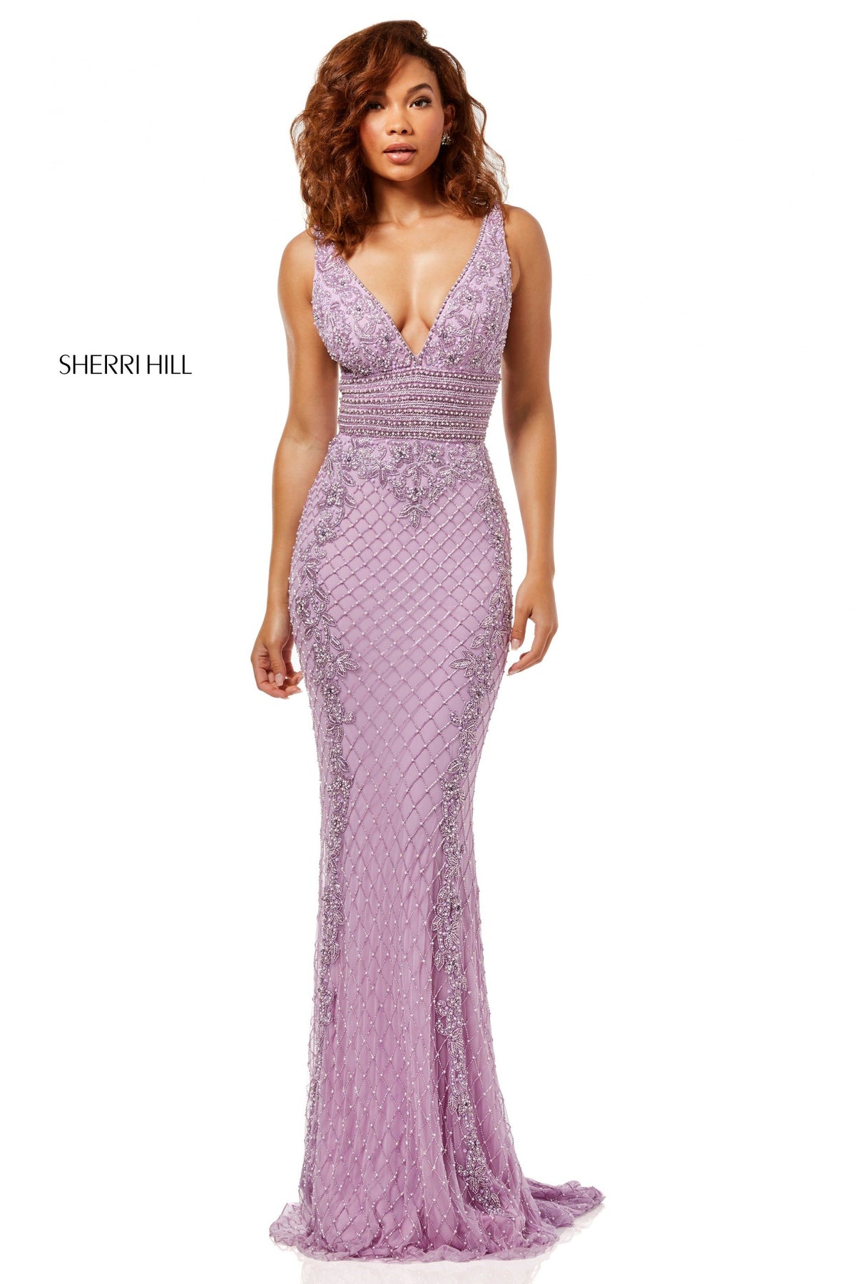 Sherri Hill 52453 fully beaded gown with V-neck bodice in lilac