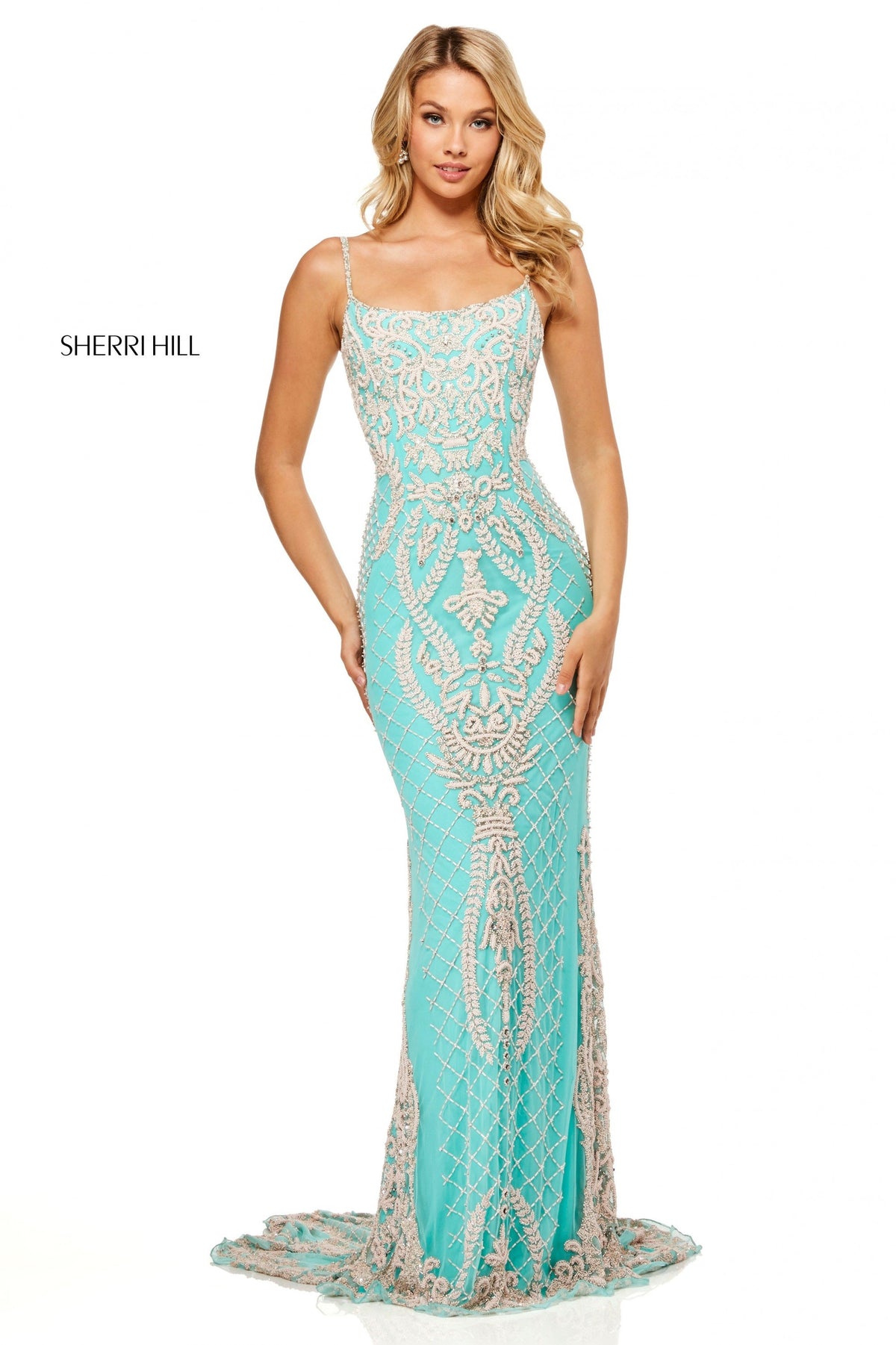 Sherri Hill 52454 fitted beaded gown in aqua with light pink