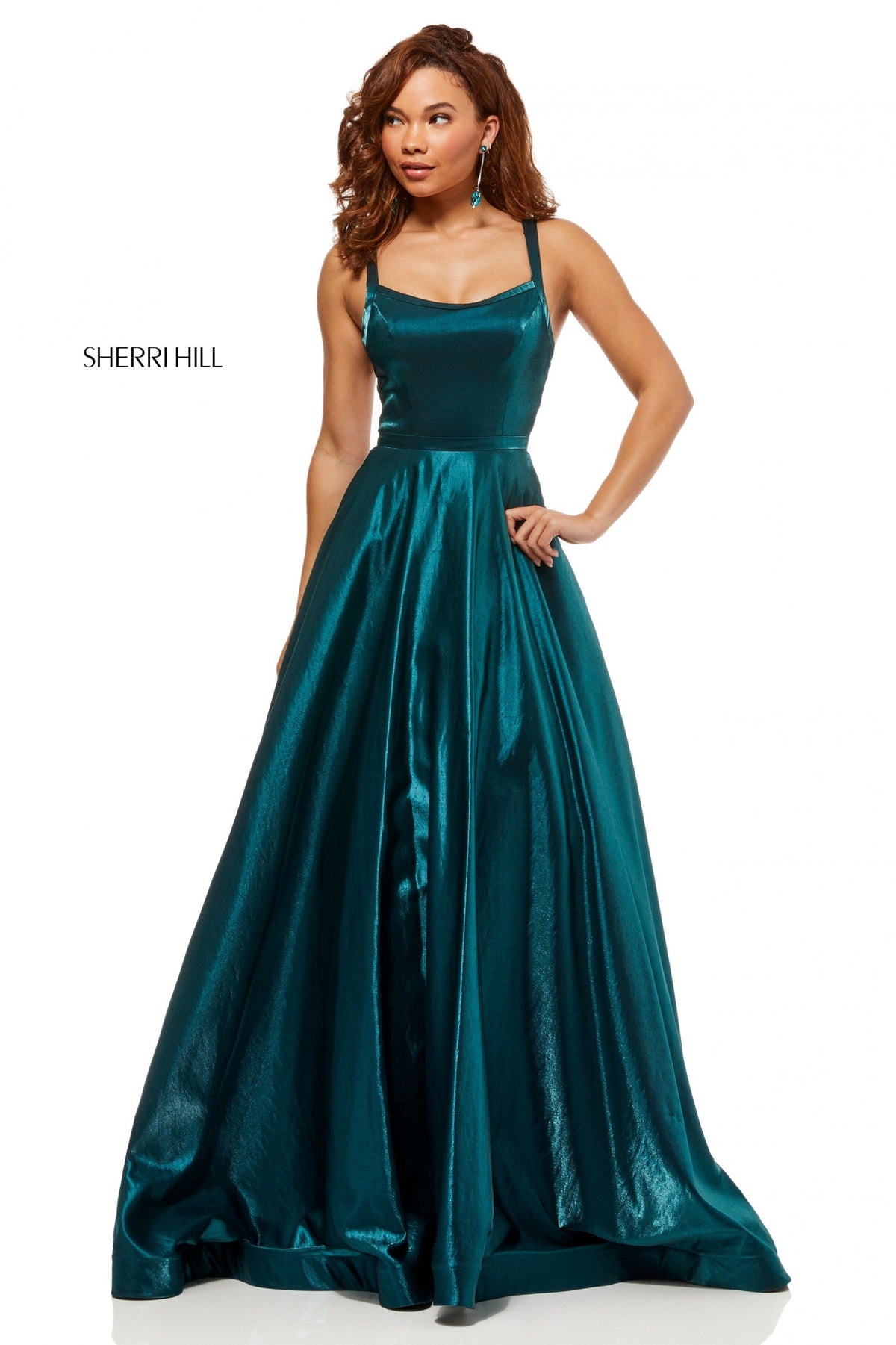 Sherri Hill 52457 cross dyed shimmer A-line gown in teal