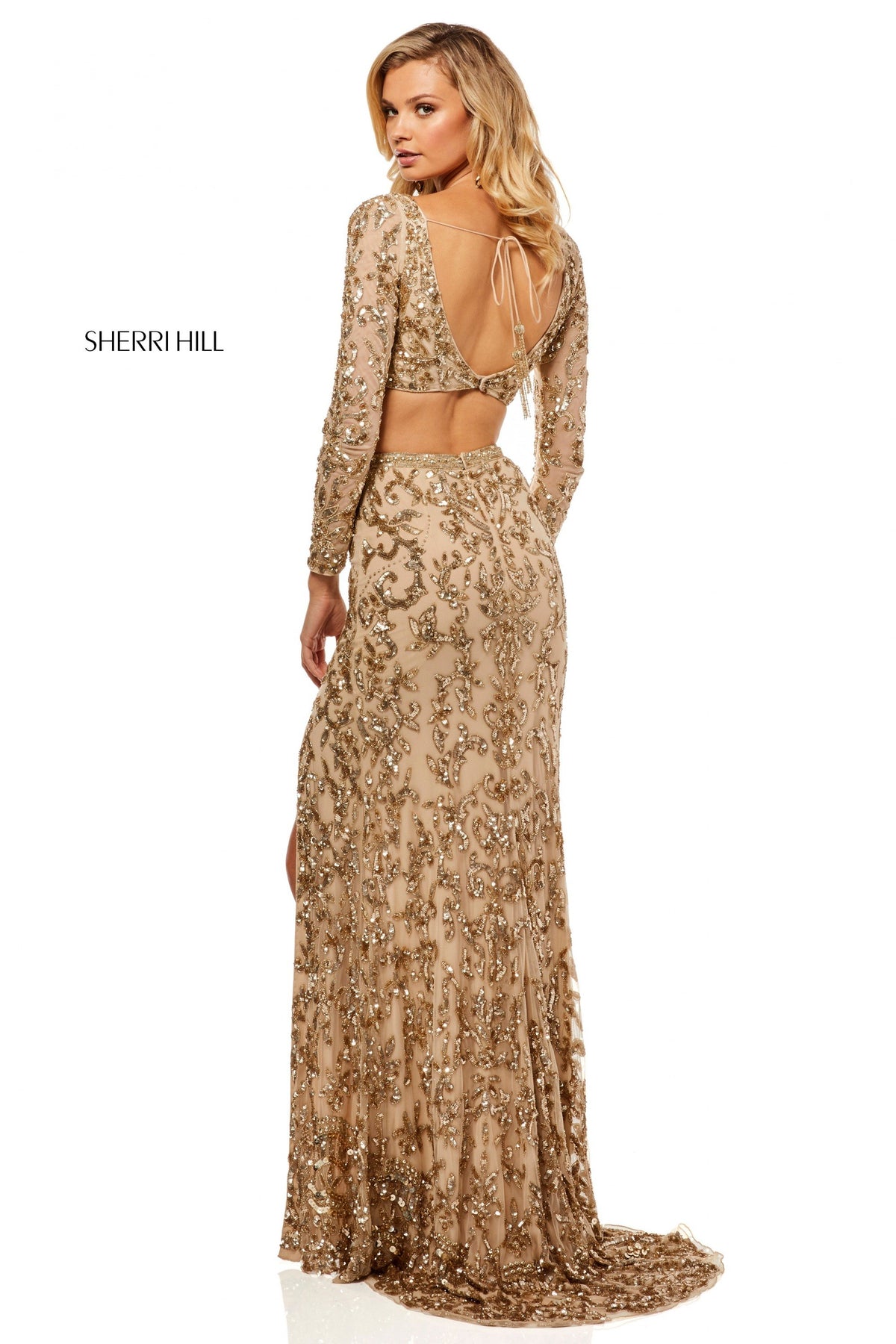 Sherri Hill 52459 beaded two-piece gown in light gold