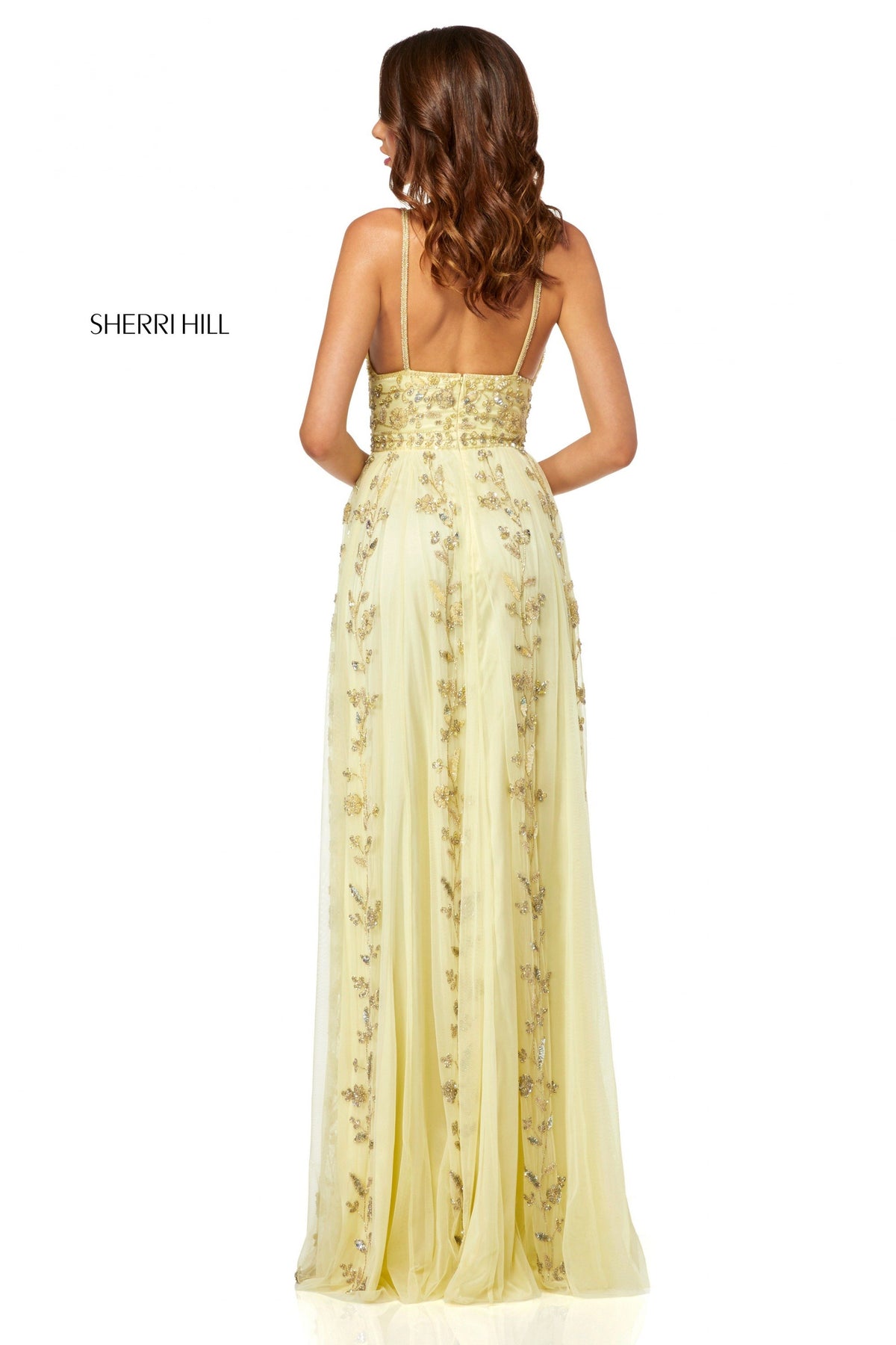 Sherri Hill 52461 chiffon sheath dress with deep-V-neckline
