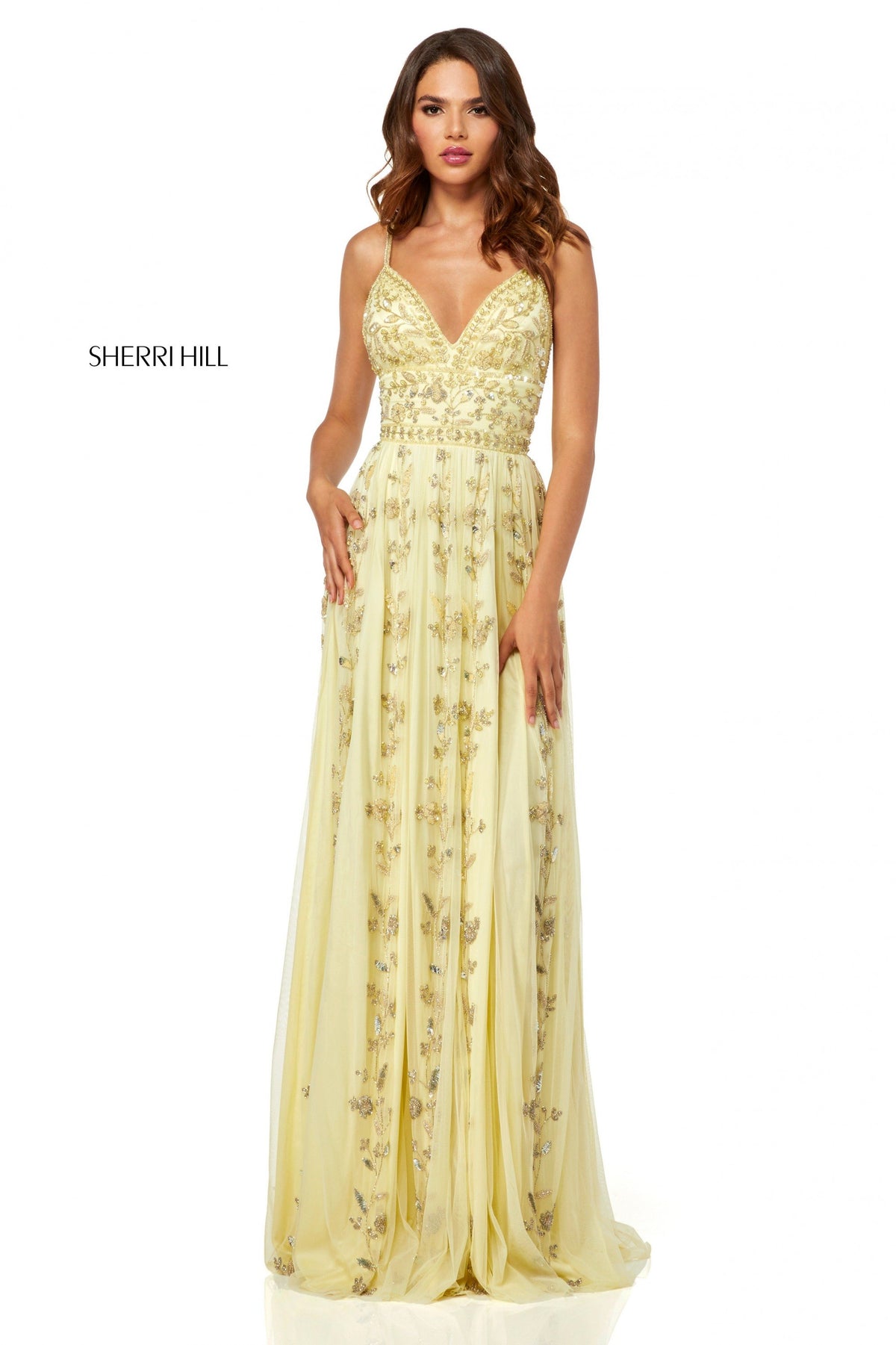 Sherri Hill 52461 chiffon sheath dress with deep-V-neckline