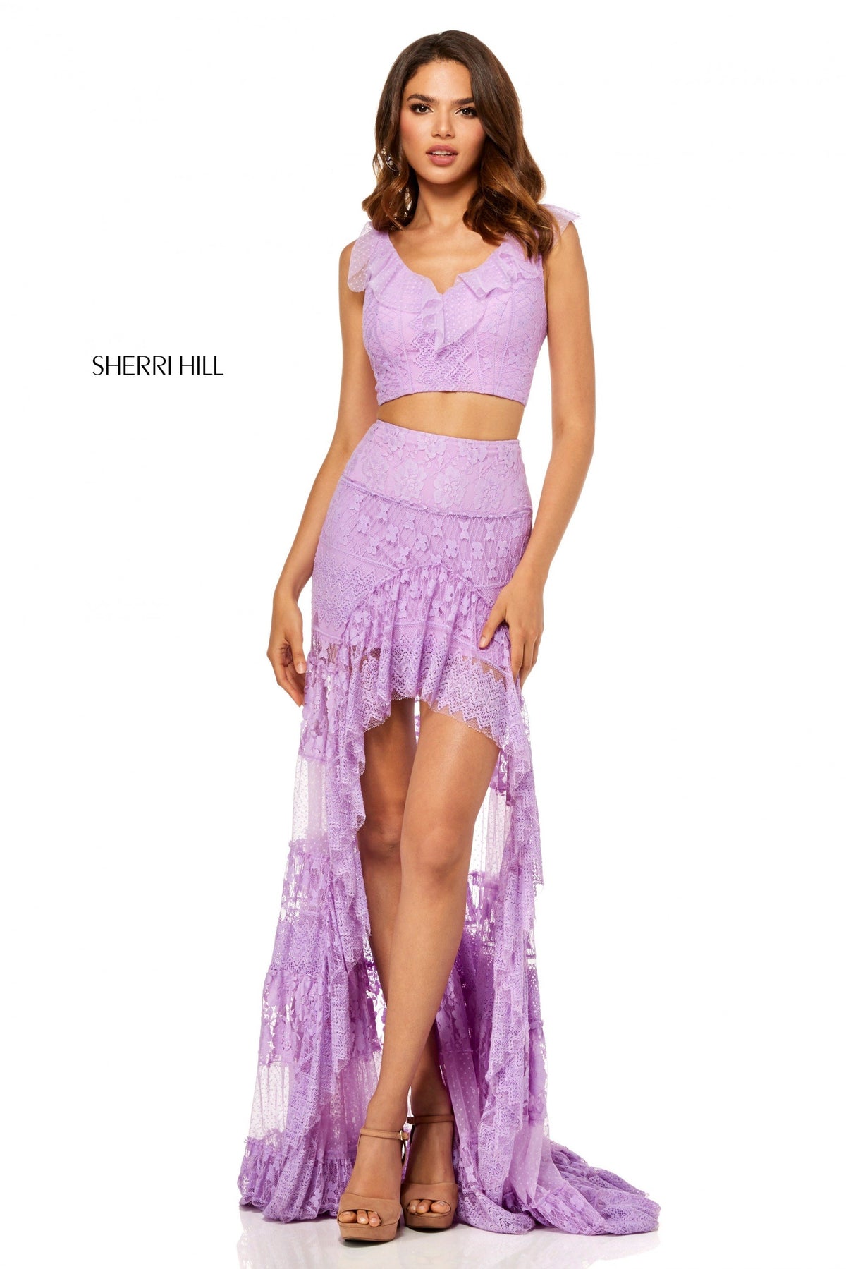 Sherri Hill 52472 lace two-piece ruffle crop top