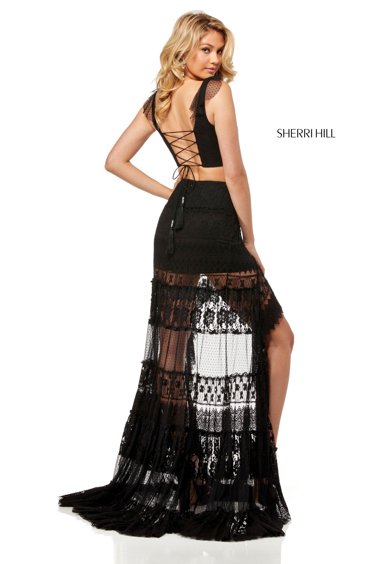Sherri Hill 52472 lace two-piece ruffle crop top in black