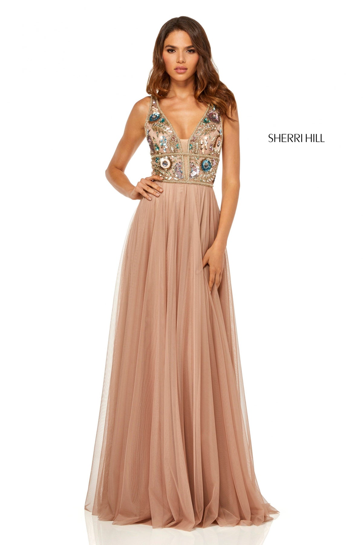 Sherri Hill 52473 gathered chiffon skirt in dark nude/multi