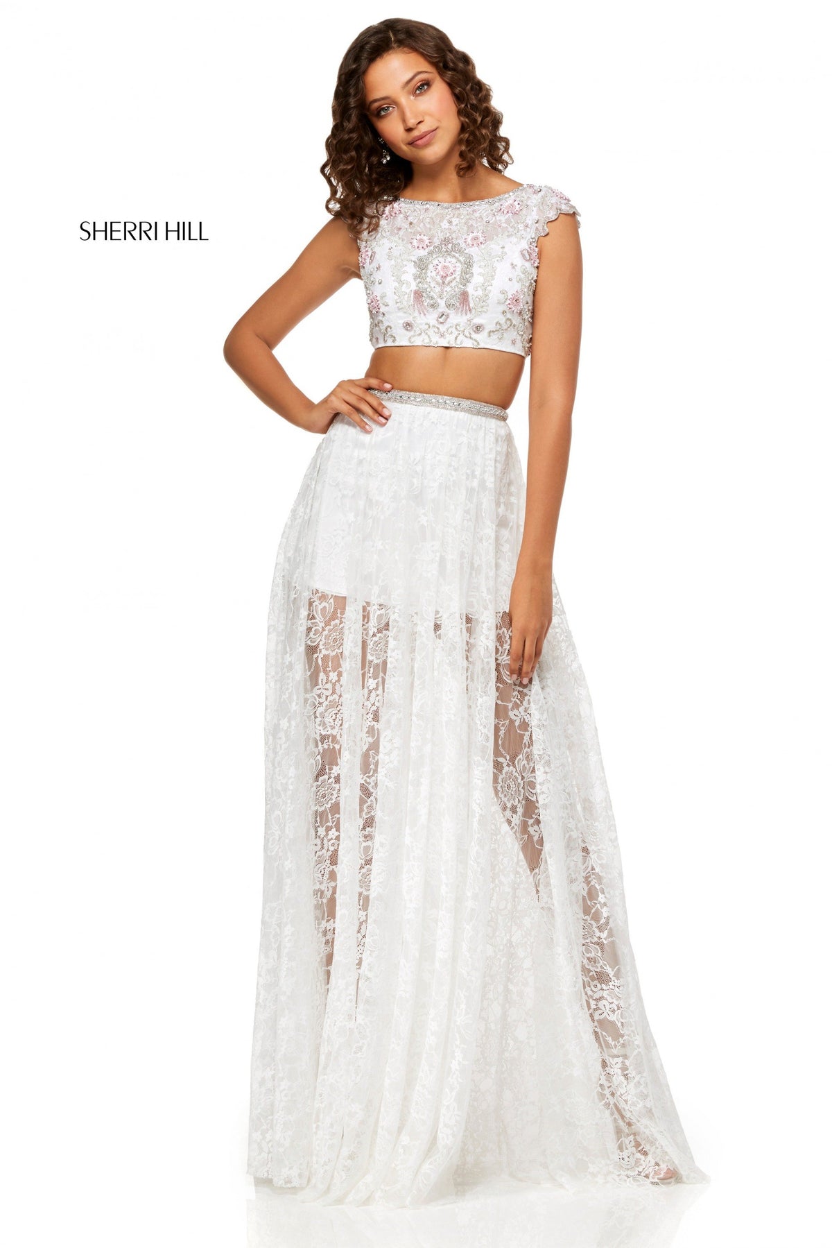 Sherri Hill 52519 lace two-piece sheer skirt
