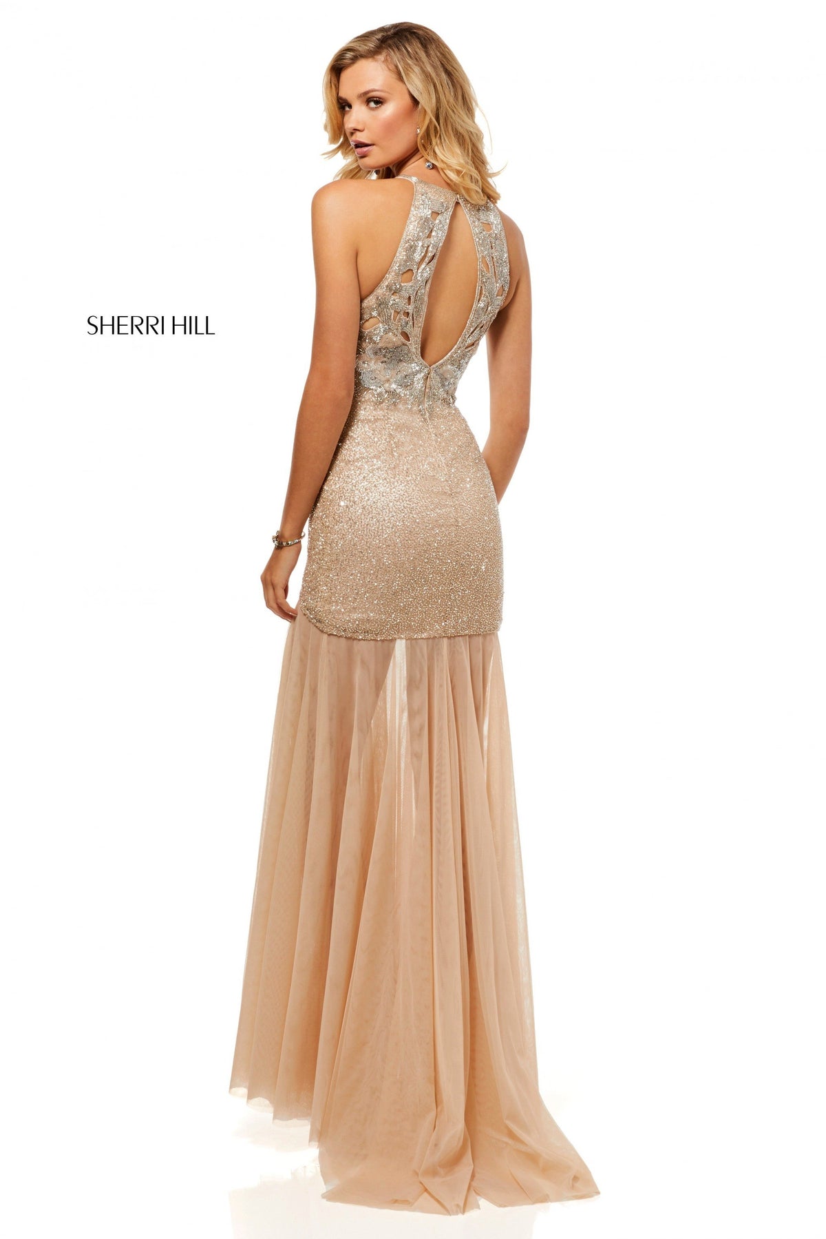 Sherri Hill 52520 fitted beaded gown with sheer tulle skirt