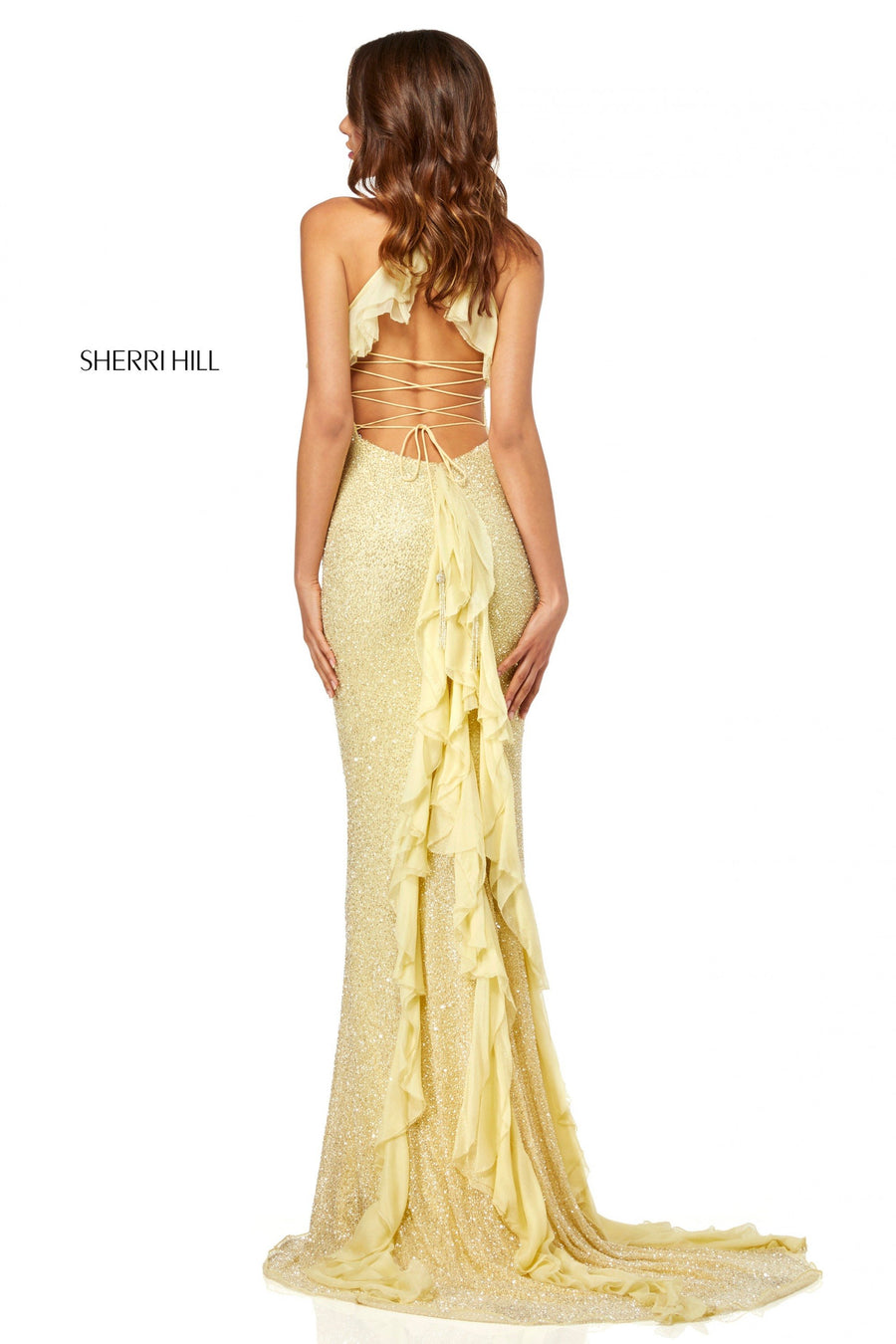 Sherri Hill style 52526 in light yellow, Fully Beaded Gown