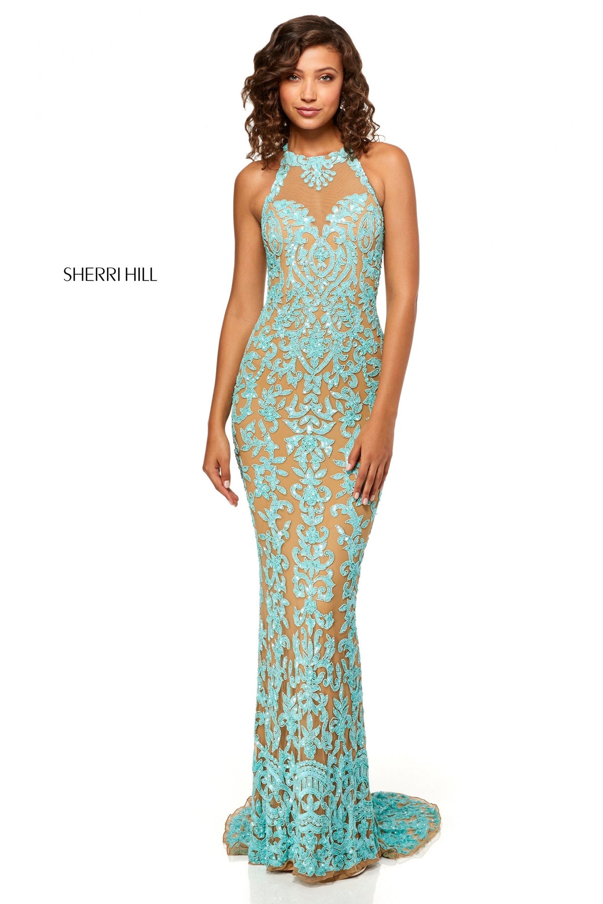 Sherri Hill 52527 fully beaded gown with high neck bodice in nude/aqua
