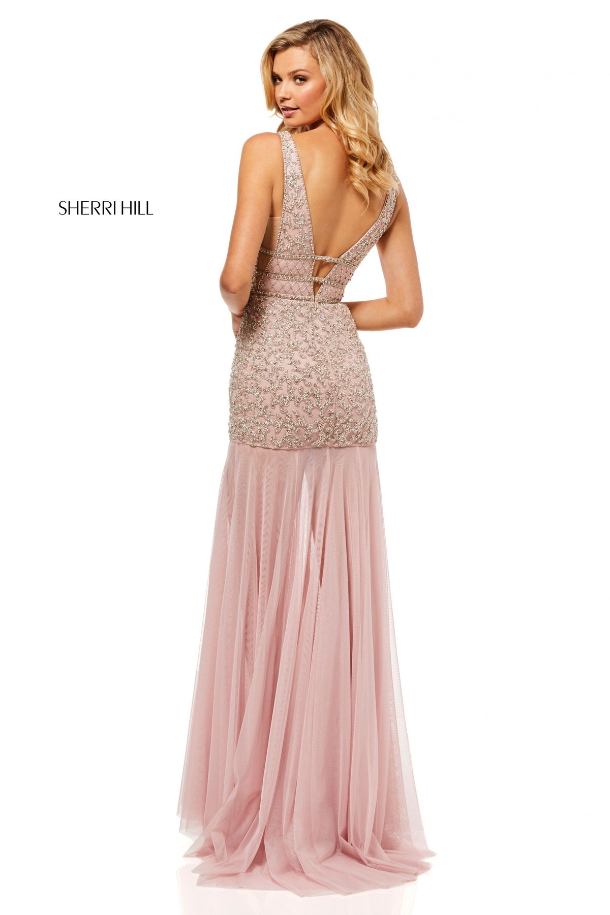 Sherri Hill 52536 fitted beaded gown with sheer tulle skirt