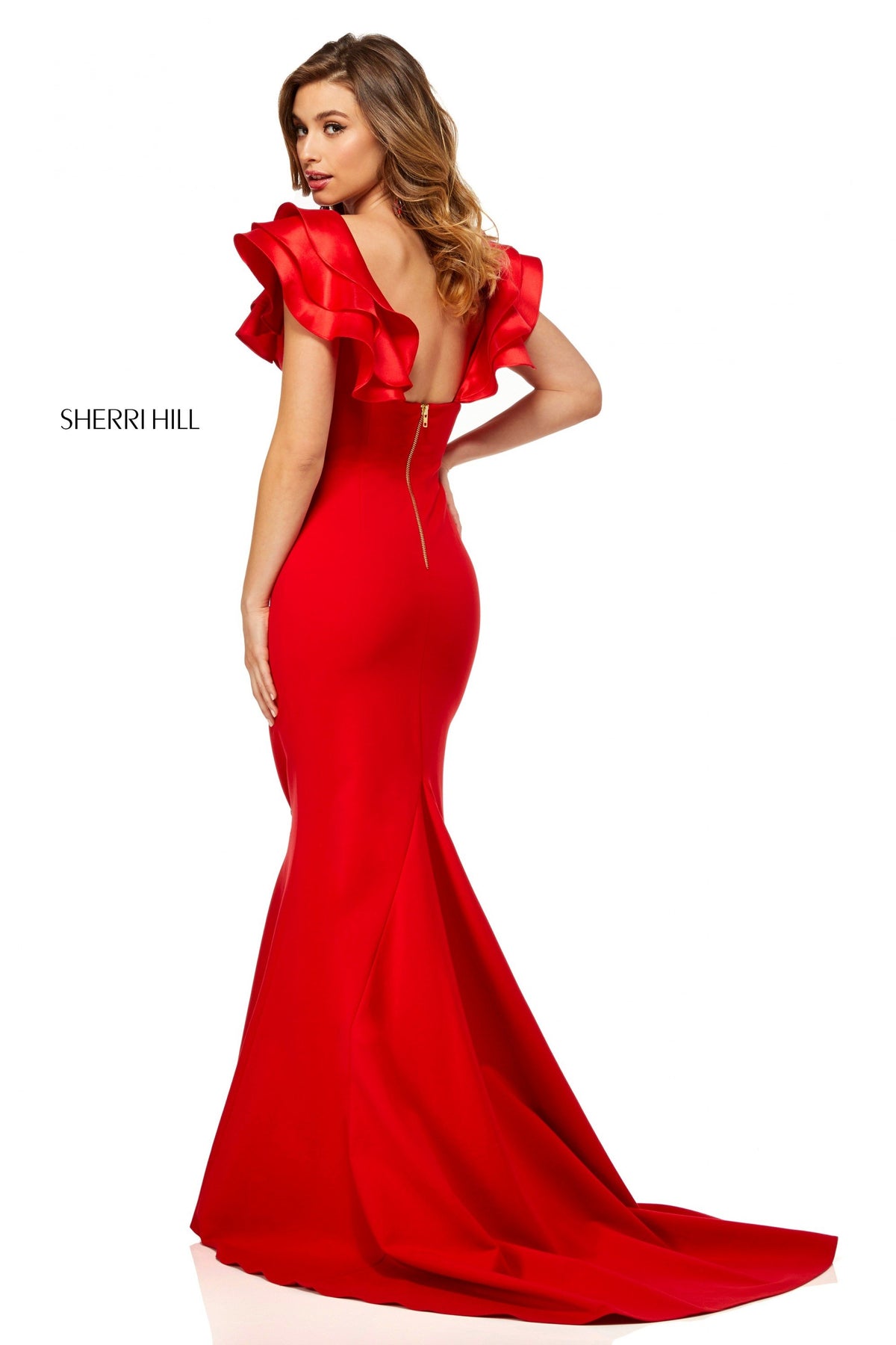 Sherri Hill 52550 scuba mermaid gown with ruffle shoulders in red
