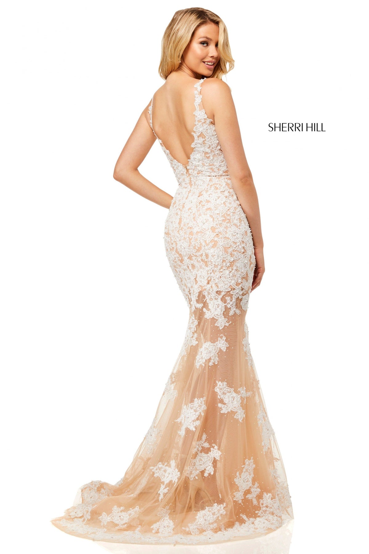 Sherri Hill 52552 lace V-neck mermaid sheer skirt in nude/ivory