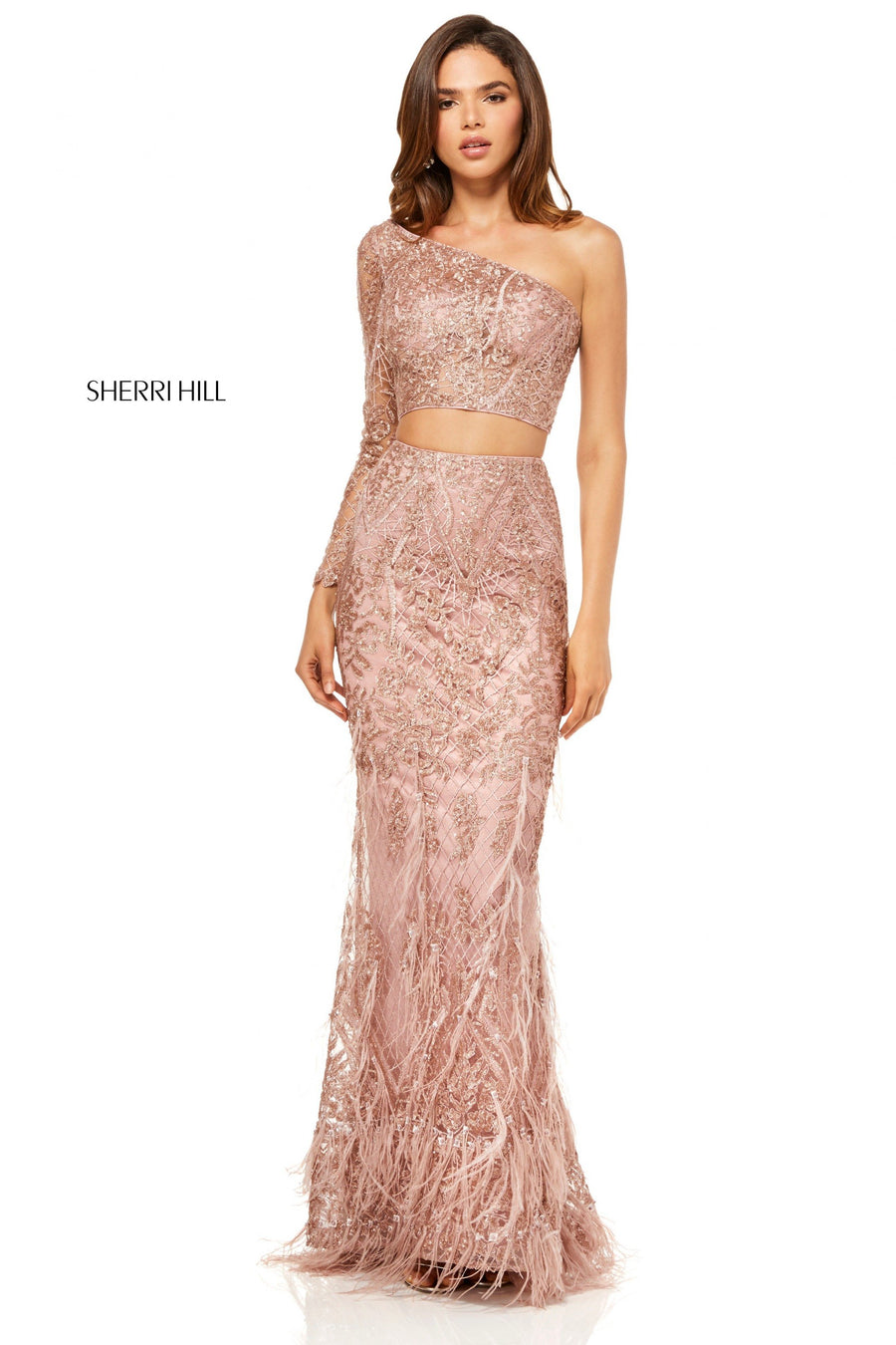 Sherri Hill style 52555 in silver, Two-Piece Mermaid Gown with Feather Skirt