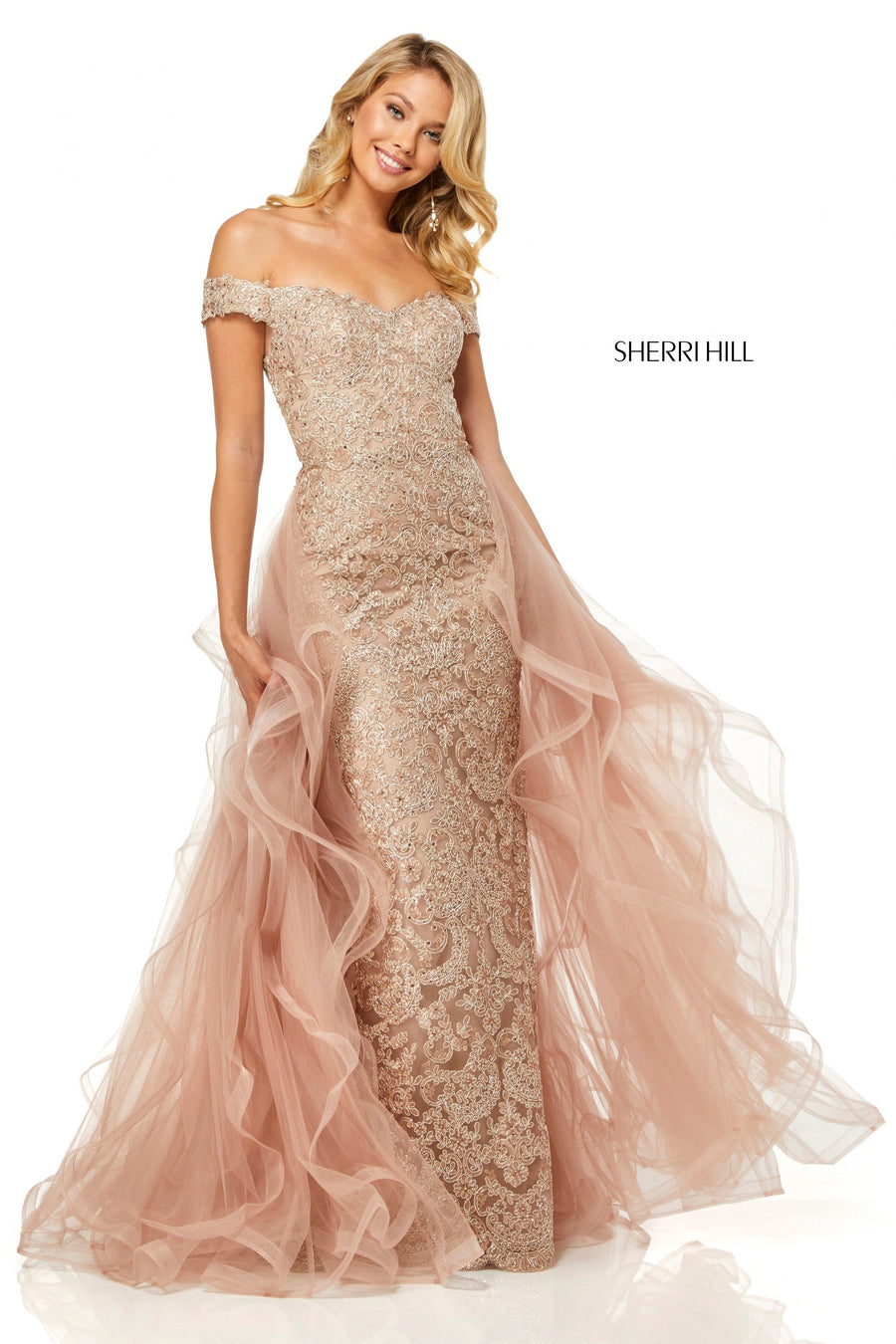 Sherri Hill style 52556 in rose gold, Fitted Metallic Lace Gown