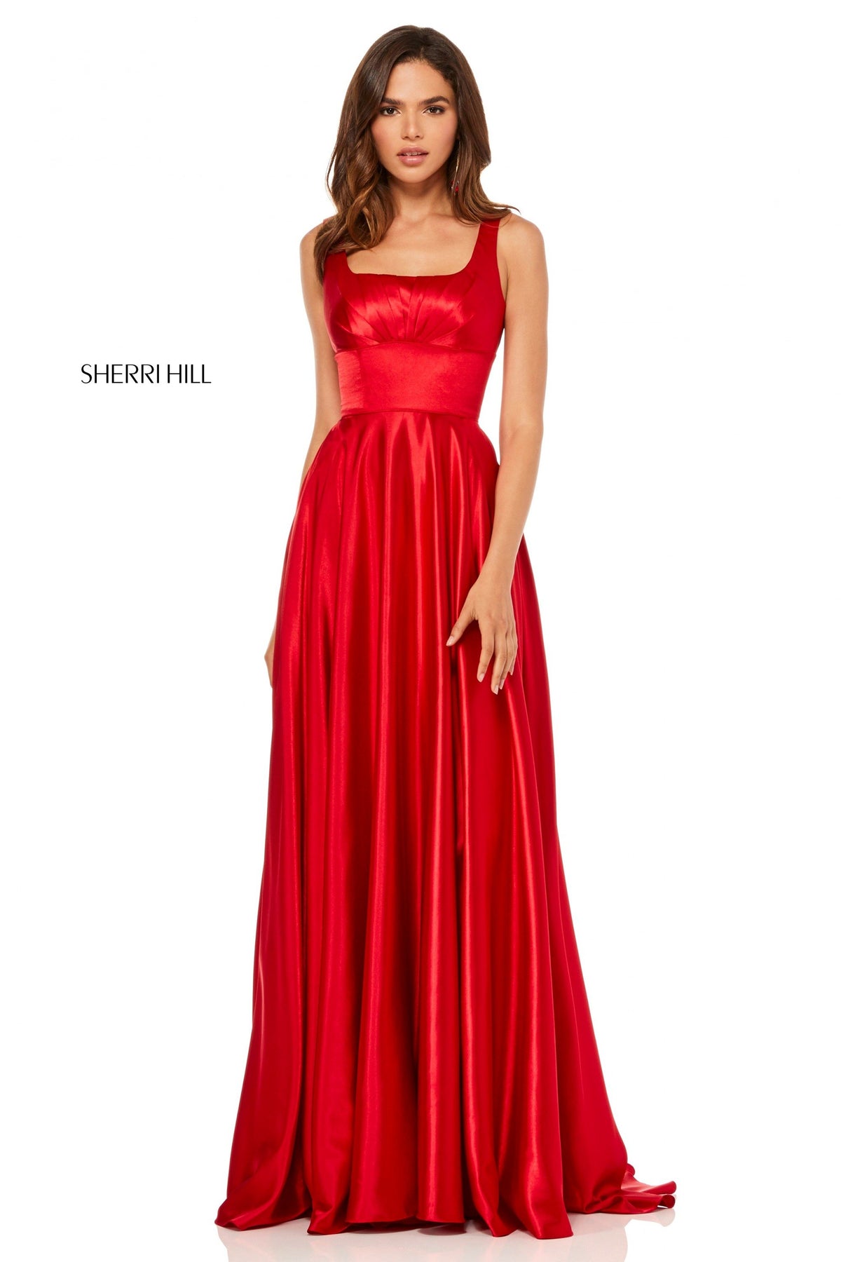 Sherri Hill 52568 charmeuse gown with scoop neckline in red