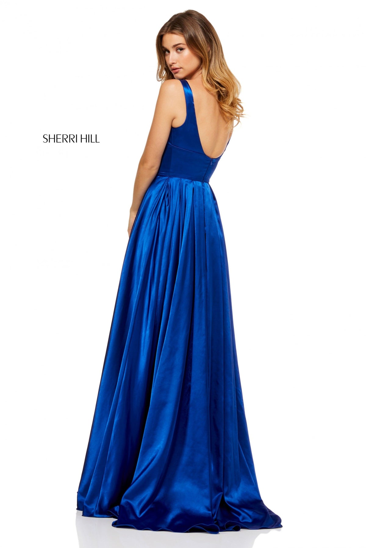 Sherri Hill 52568 charmeuse gown with scoop neckline