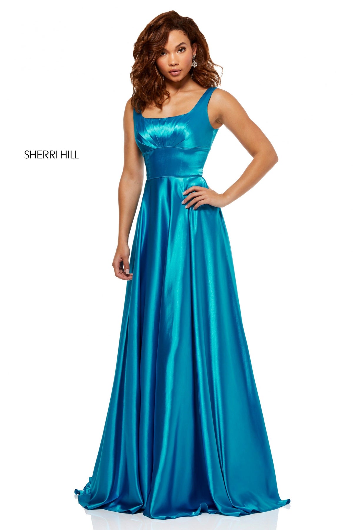 Sherri Hill 52568 charmeuse gown with scoop neckline in turquoise