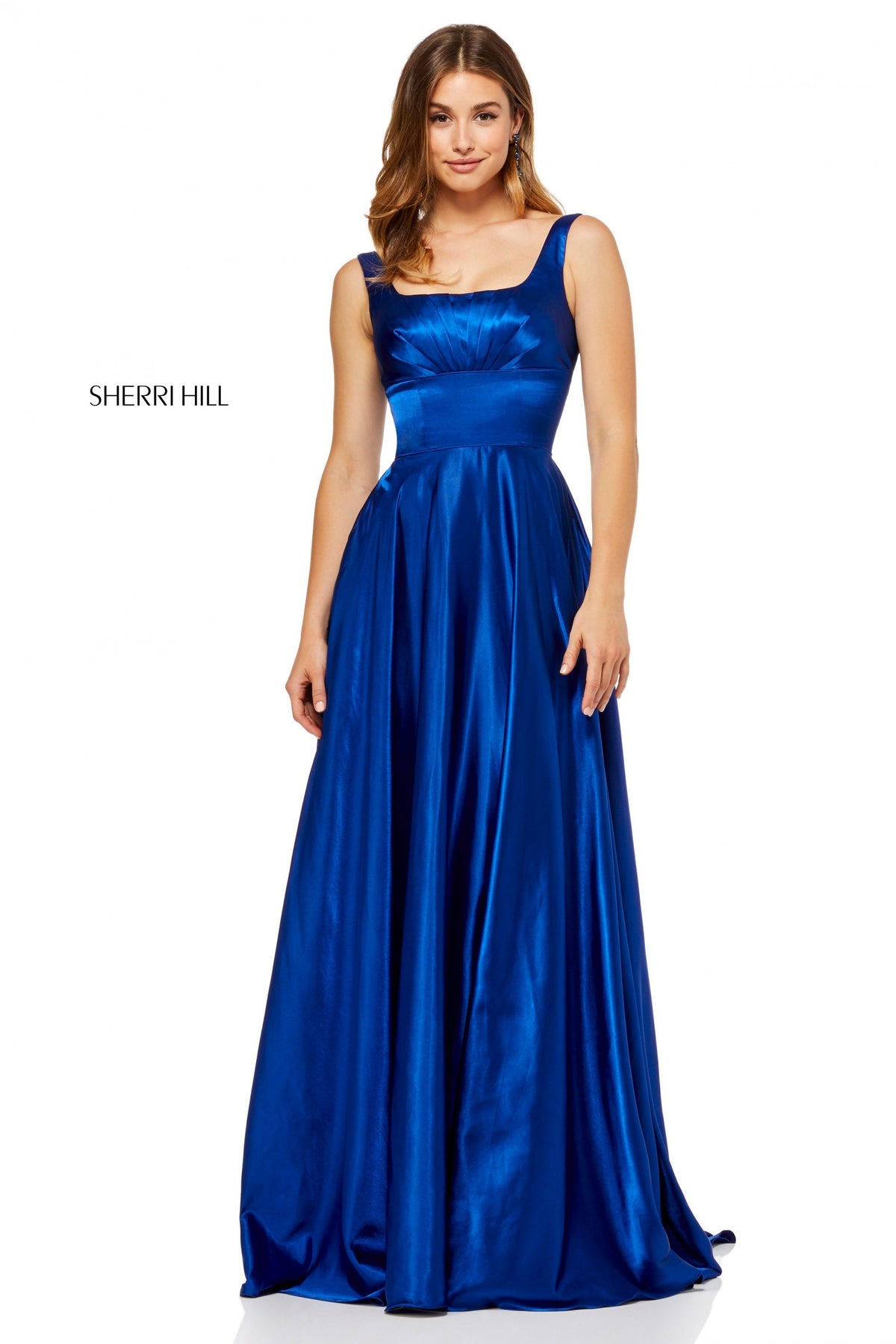 Sherri Hill 52568 charmeuse gown with scoop neckline in royal