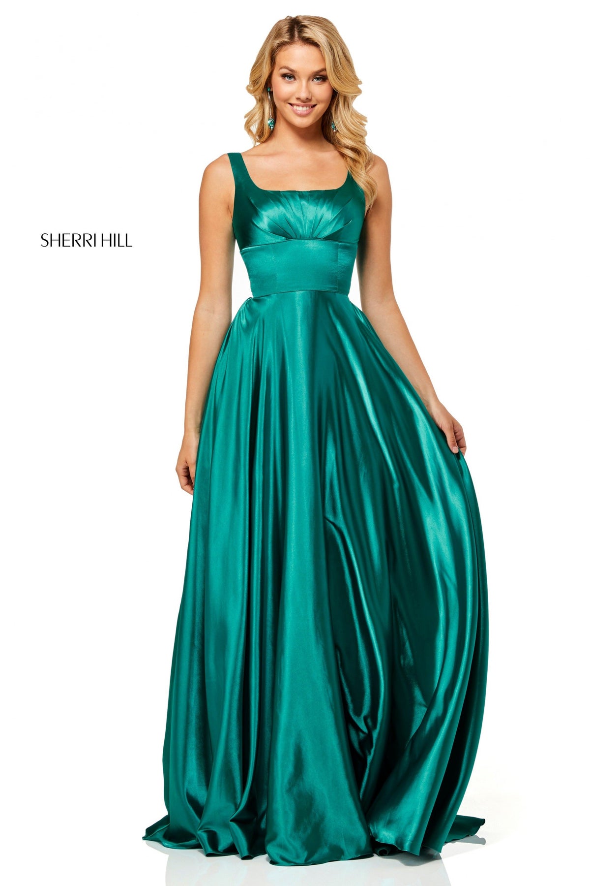 Sherri Hill 52568 charmeuse gown with scoop neckline in teal
