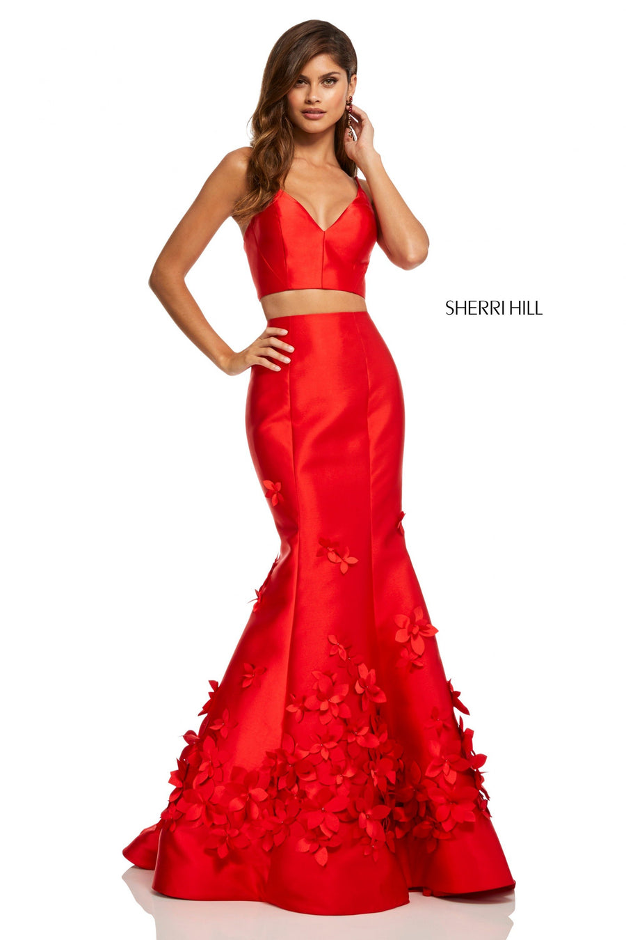 Sherri Hill style 52580 in red, Two-Piece Mermaid Skirt with 3D Floral
