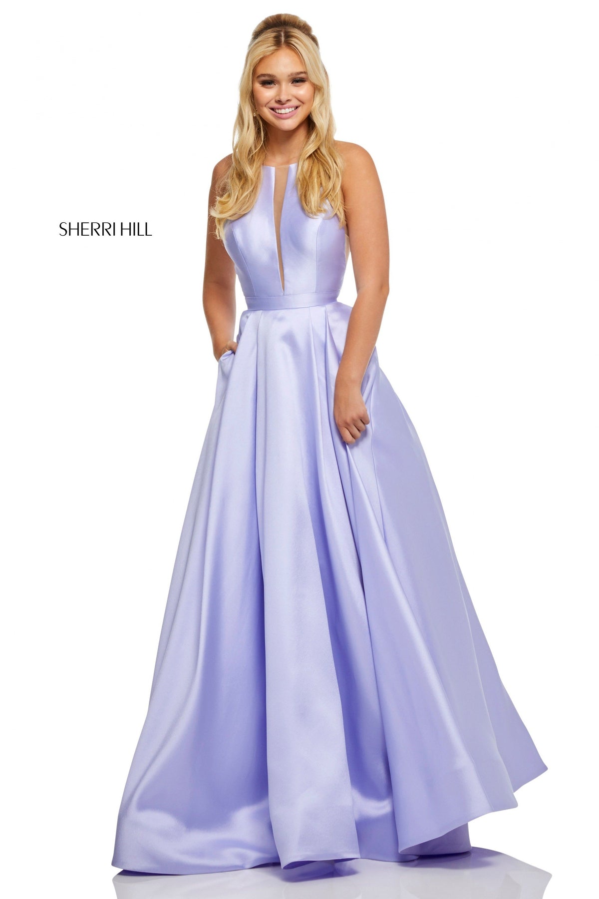 Sherri Hill 52583 high neck mikado A-line skirt pockets in lilac