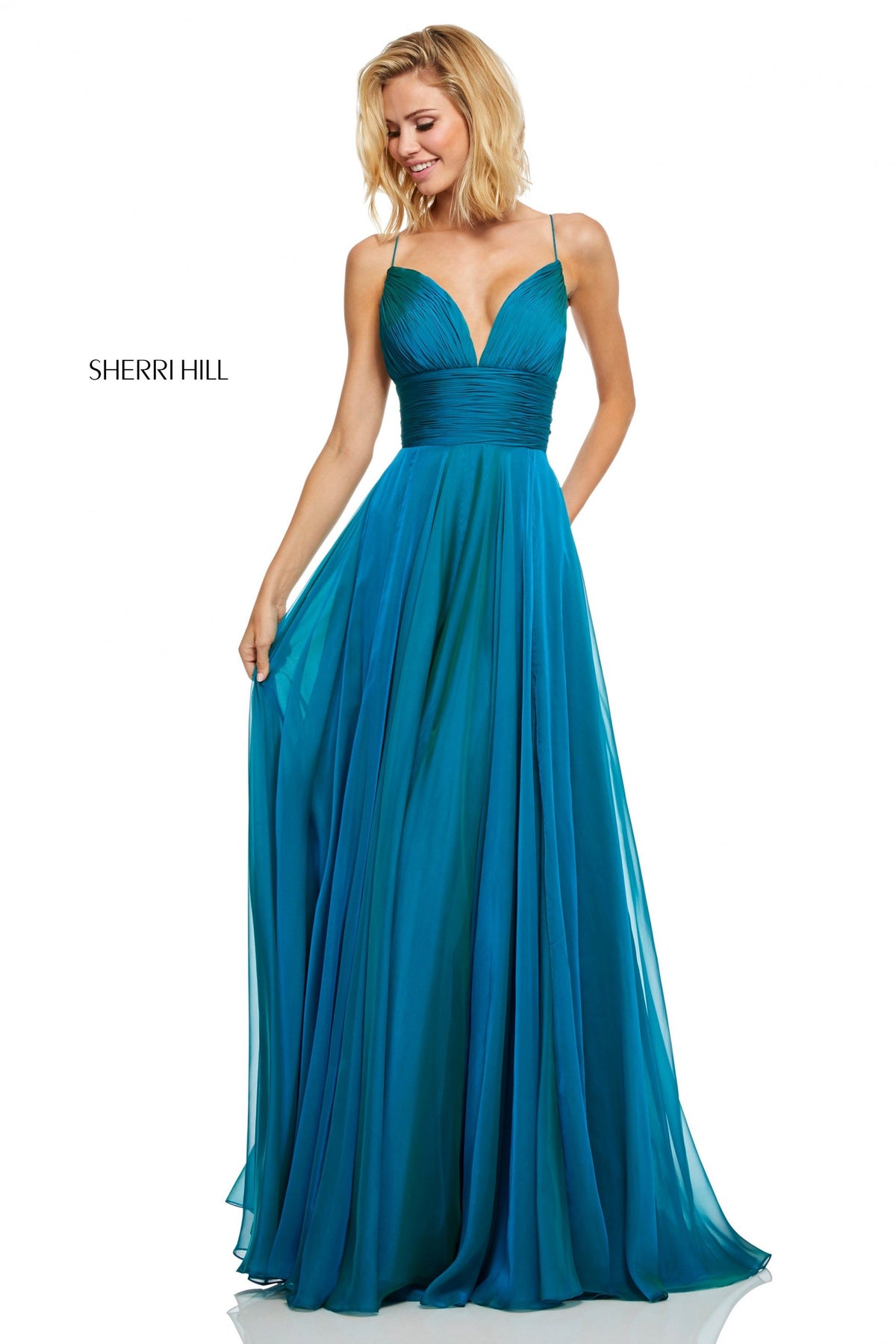Sherri Hill 52590 chiffon A-line gown in teal