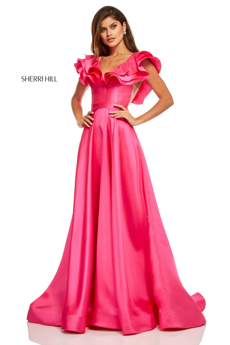 Sherri Hill style 52595 in black, Mikado A-Line Gown with Ruffle Shoulders