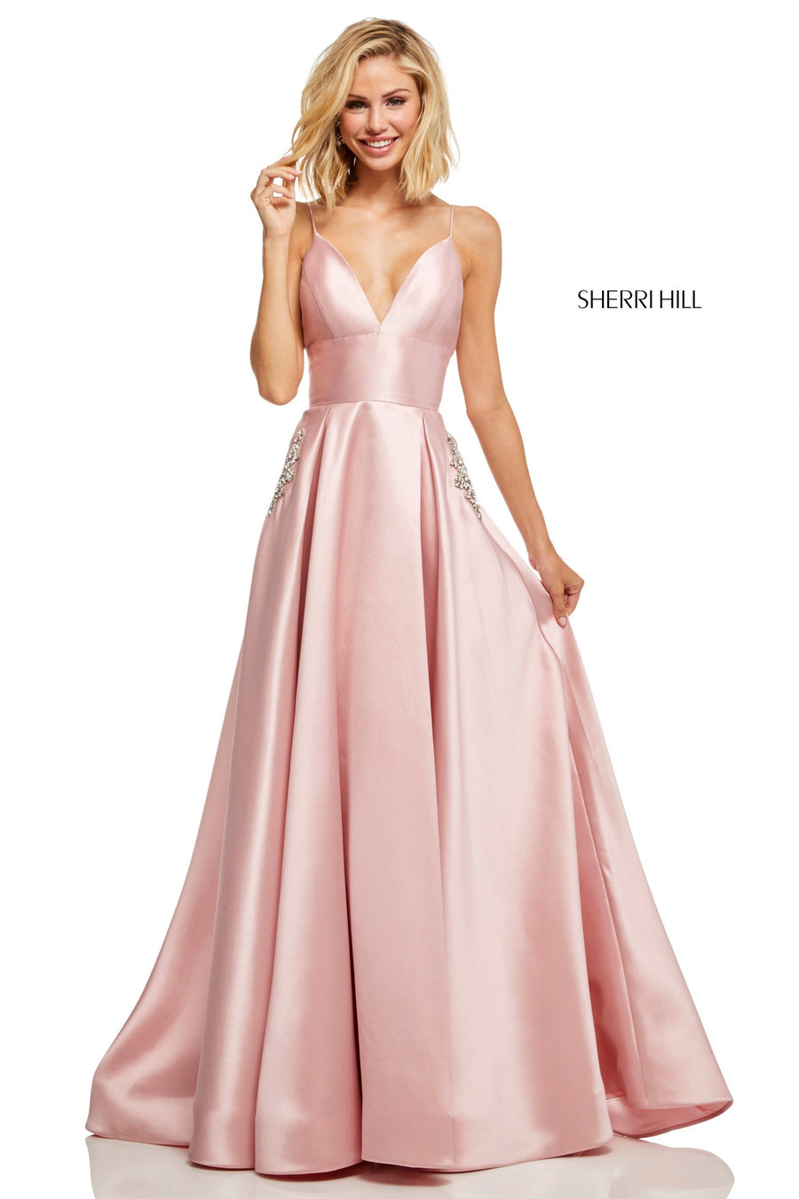 Sherri Hill style 52597 in emerald, Satin A-Line Gown with Deep-V Neckline