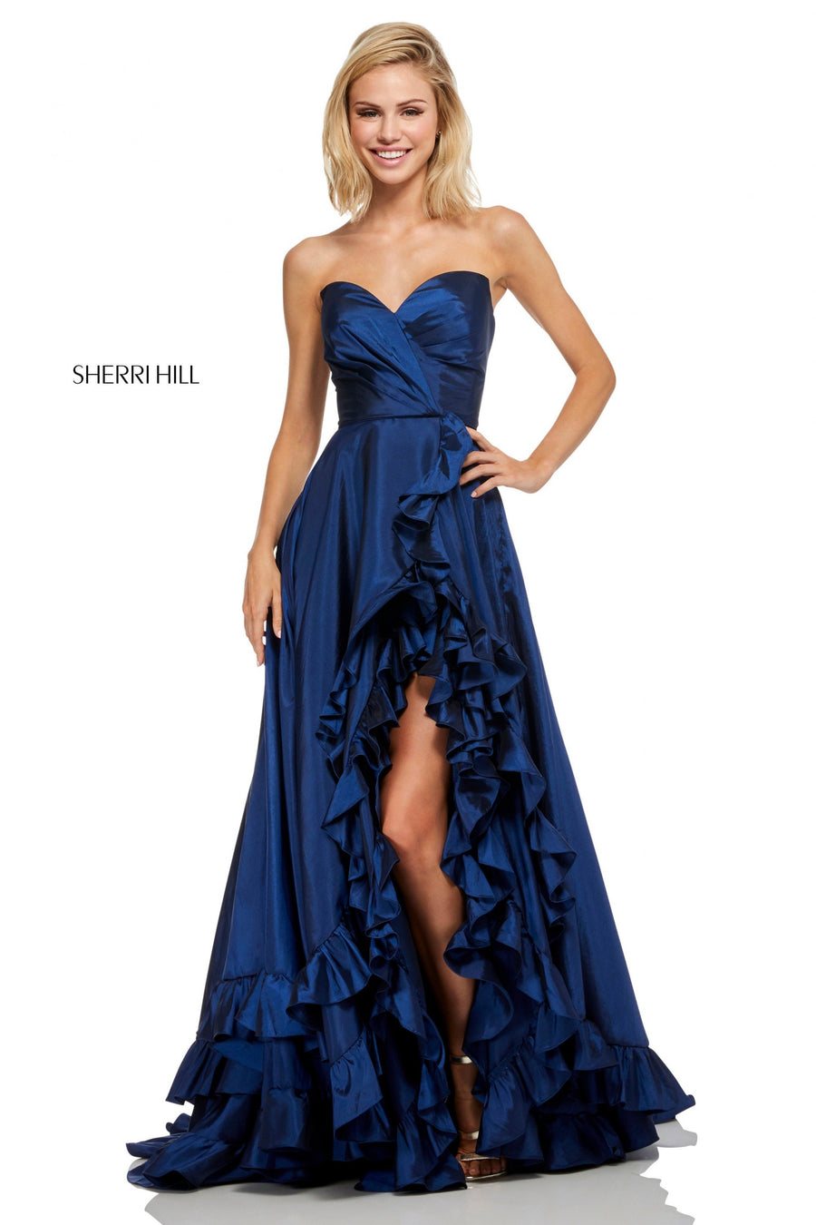 Sherri Hill style 52605 in navy, Strapless Taffeta Gown