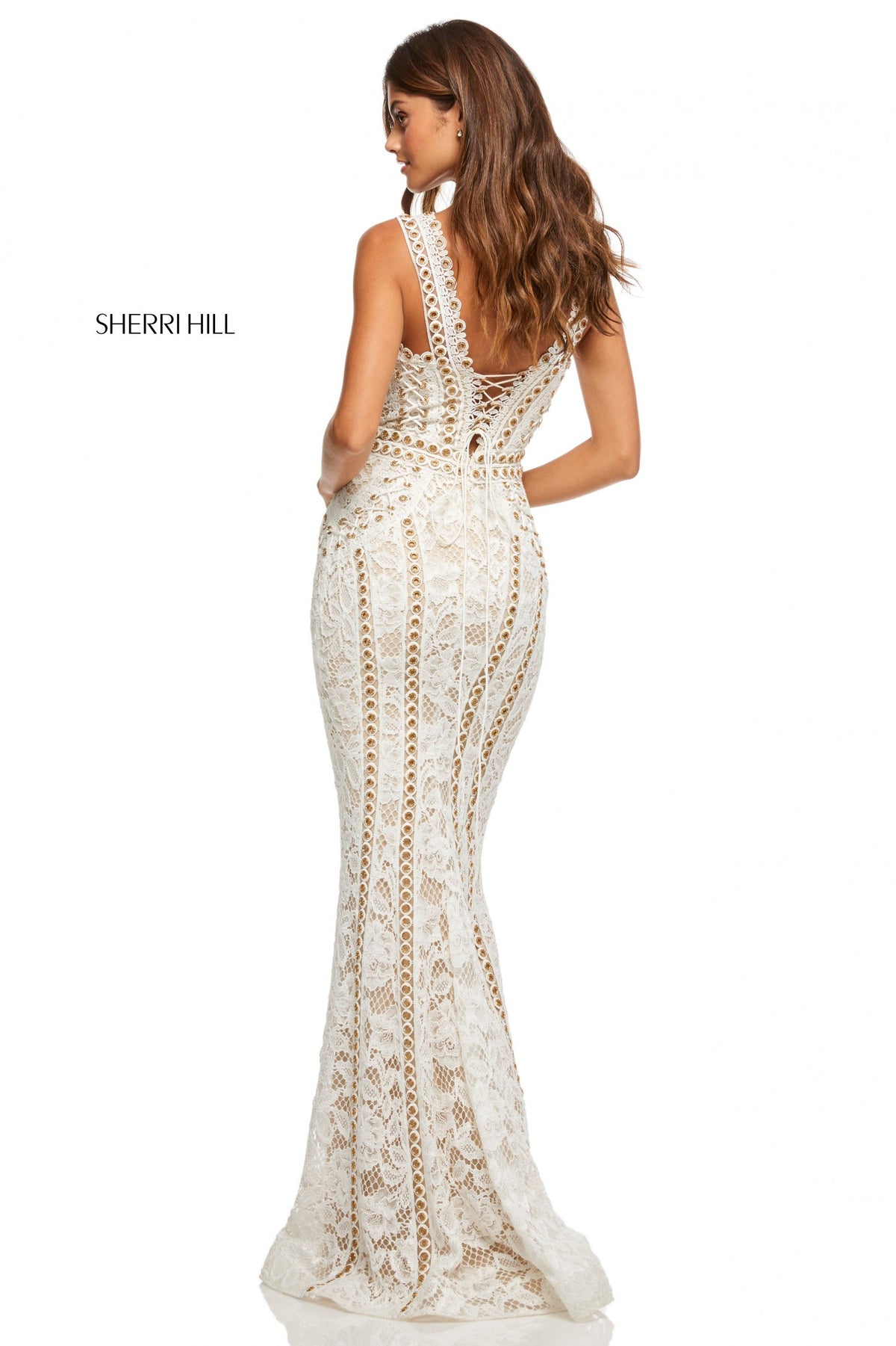 Sherri Hill 52611 lace mermaid gown with grommet detail