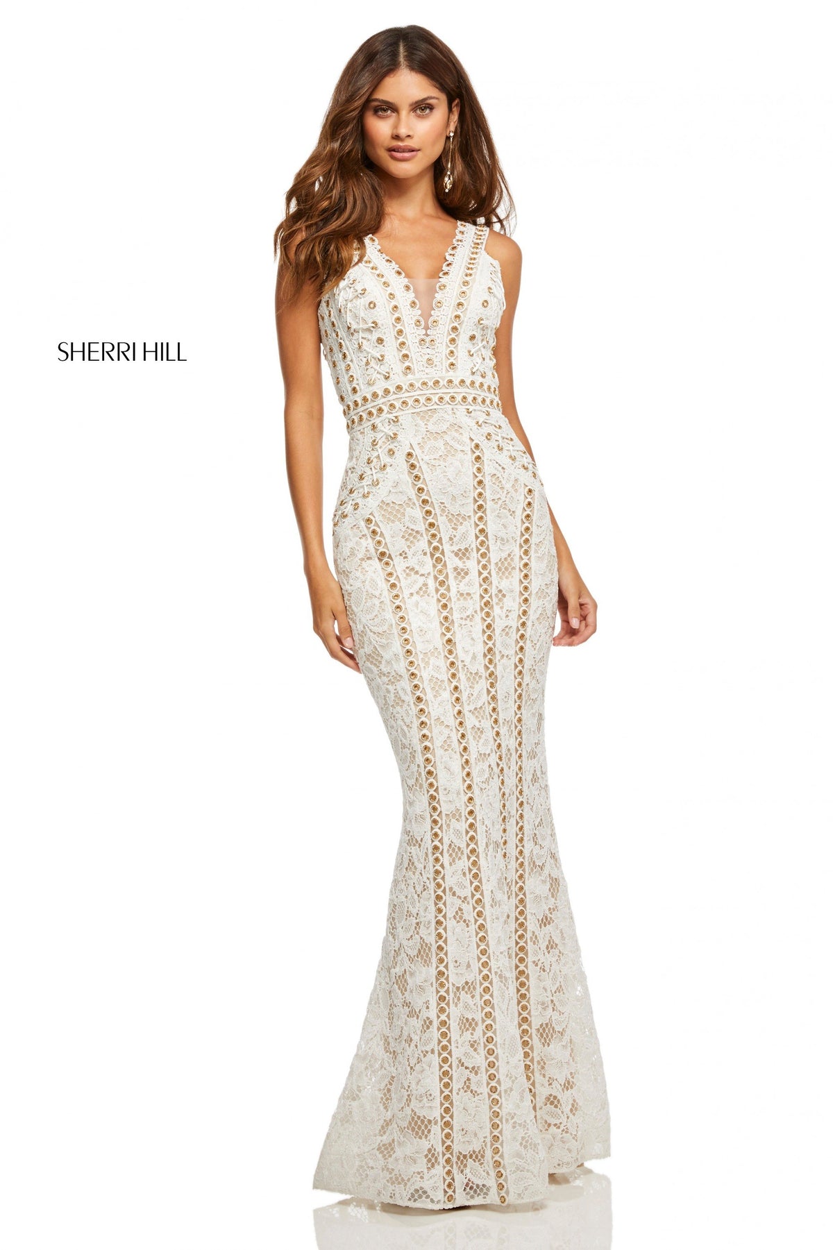 Sherri Hill 52611 lace mermaid gown with grommet detail in ivory/nude