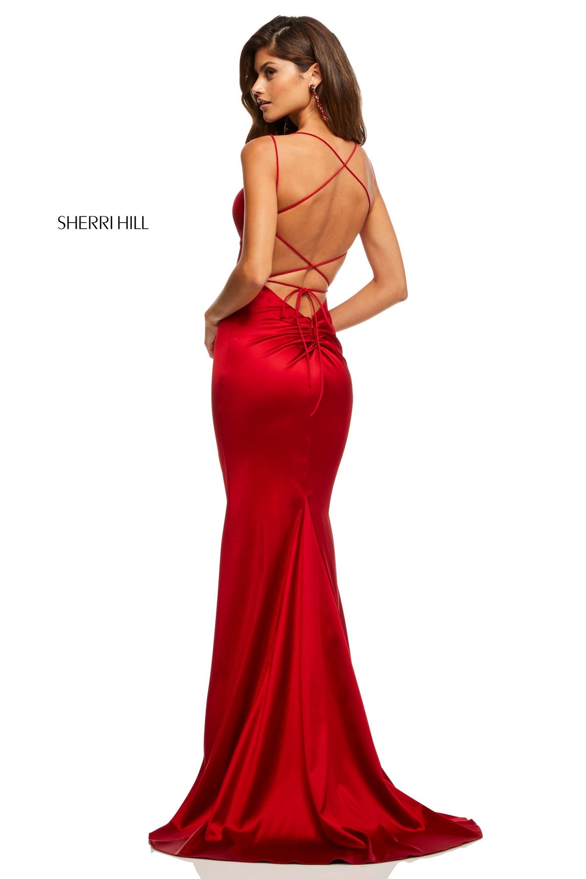 Sherri Hill 52613 stretch satin fitted gown in ruby