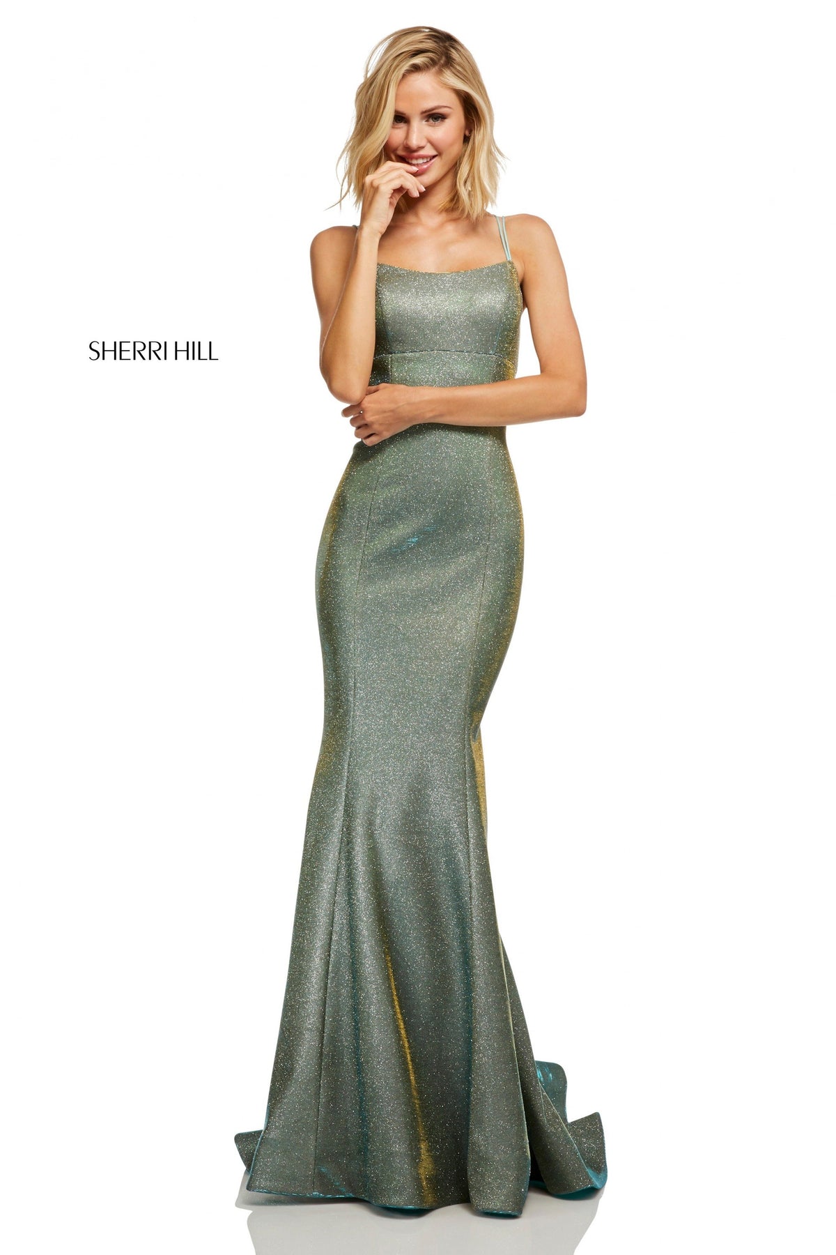 Sherri Hill 52614 stretch glitter dress in electric aqua