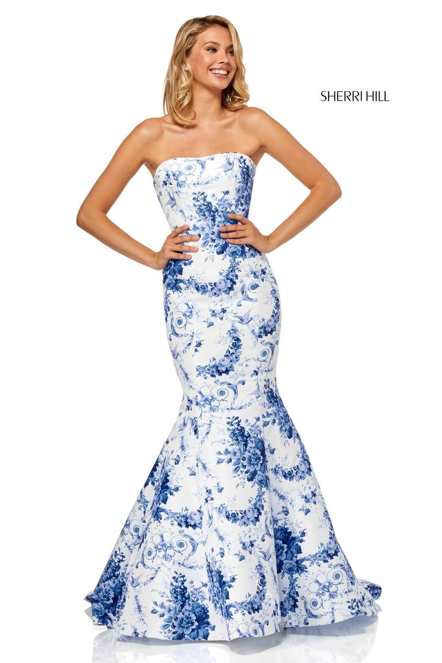 Sherri Hill style 52618 in ivory/blue print, Strapless Taffeta Mermaid Gown