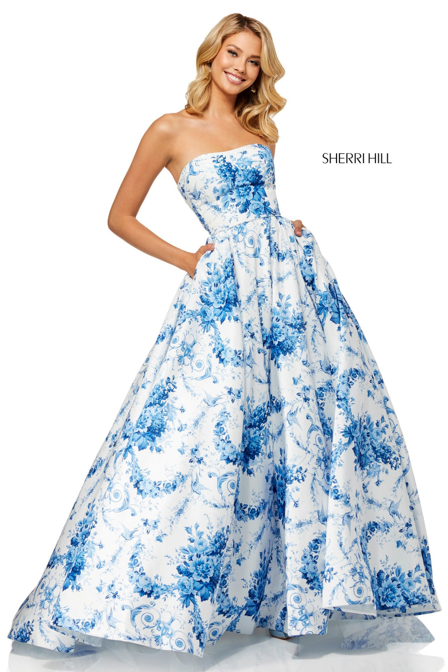 Sherri Hill style 52620 in ivory/blue print, Strapless Taffeta Ball Gown in Ivory Blue