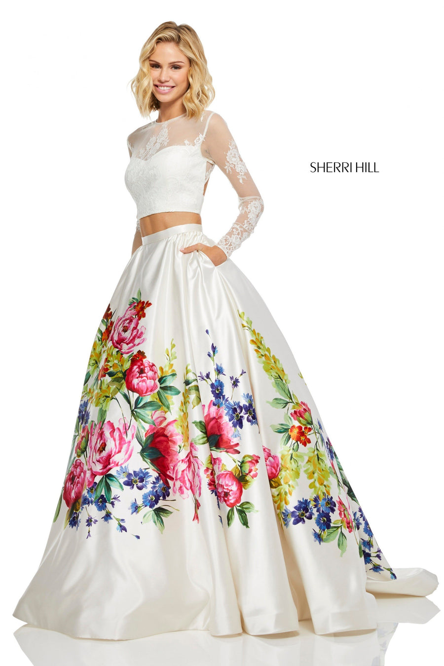Sherri Hill style 52625 in ivory print, Two-Piece Floral Printed Satin Ball Gown