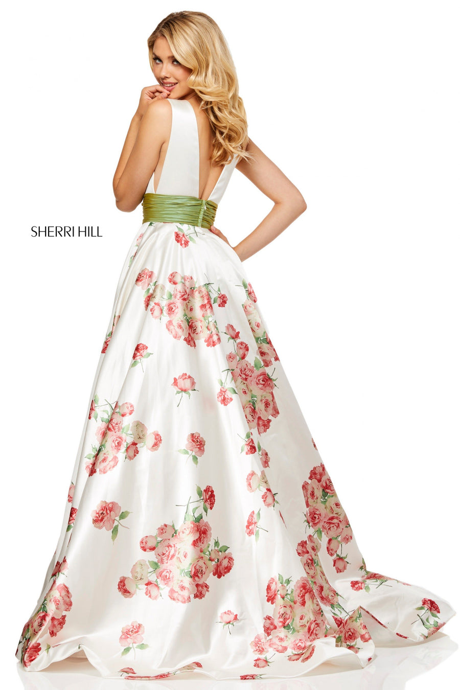 Sherri Hill style 52632 in ivory print/green, Satin Floral Print Ball Gown