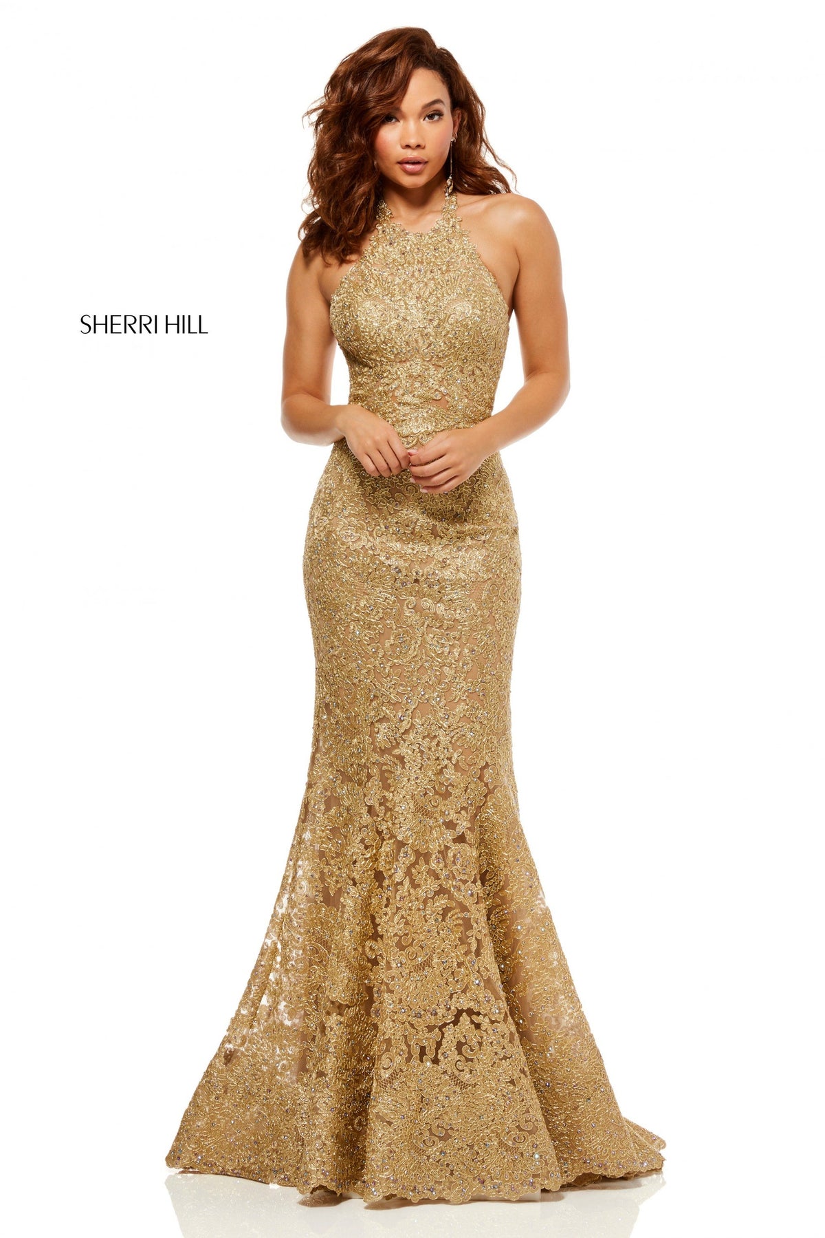 Sherri Hill 52644 halter neck metallic lace mermaid gown in gold